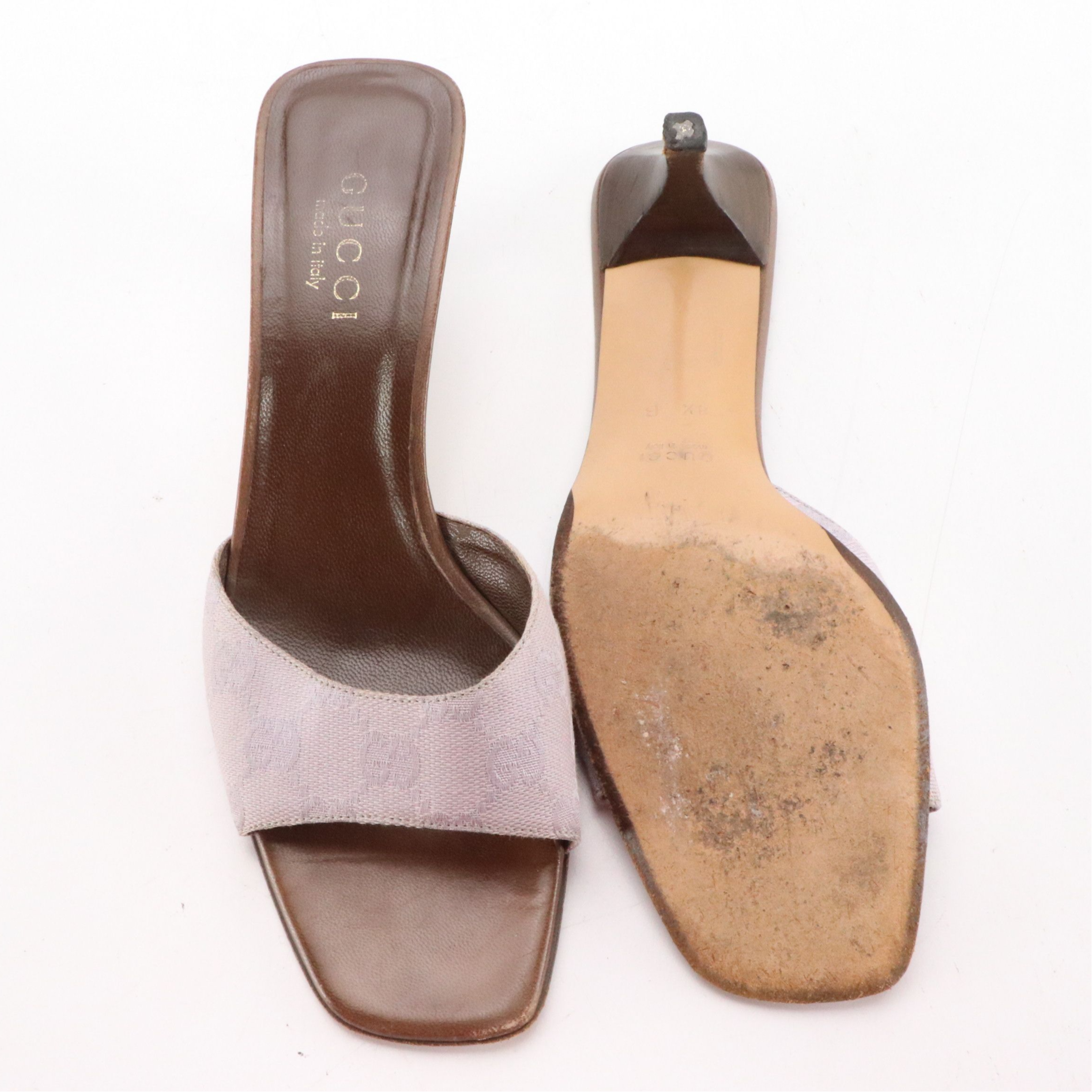 Gucci Lavender GG Canvas and Brown Leather Kitten Heel Mules