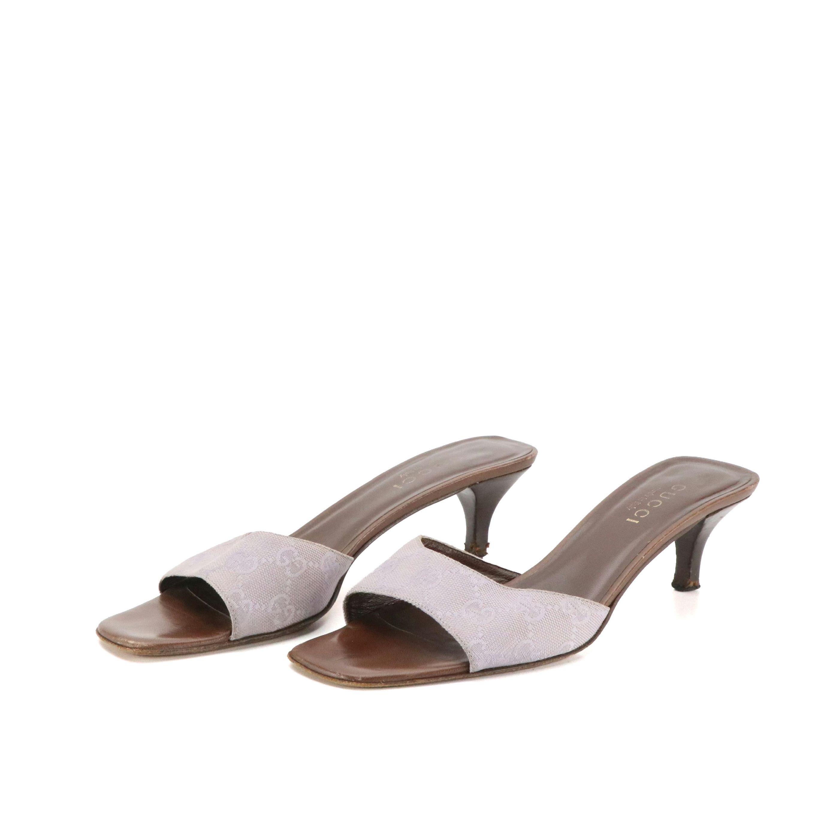 Gucci Lavender GG Canvas and Brown Leather Kitten Heel Mules