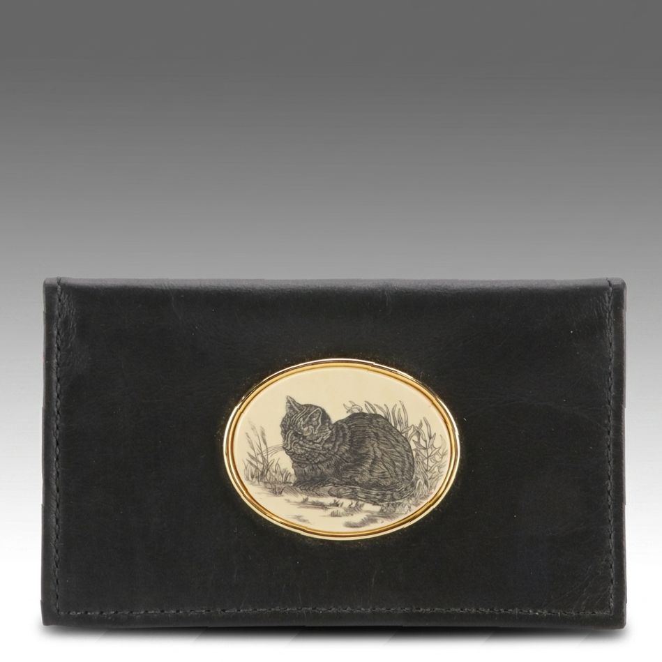 Barlow Top Grain Leather Card Case with Resin Scrimshaw Cat Medallion