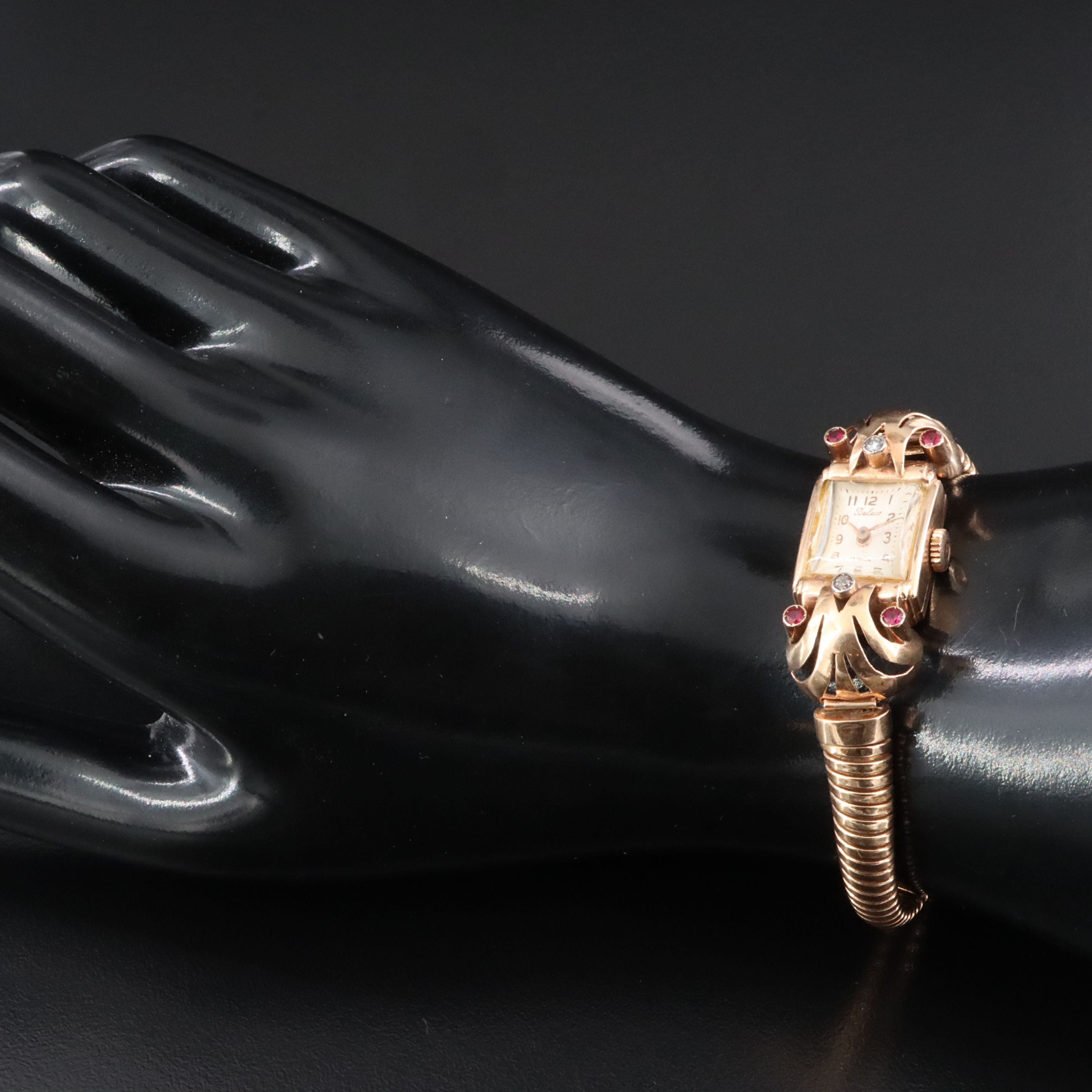 1940's Beleco 18K Ruby and Diamond Retro Modern Cocktail Watch