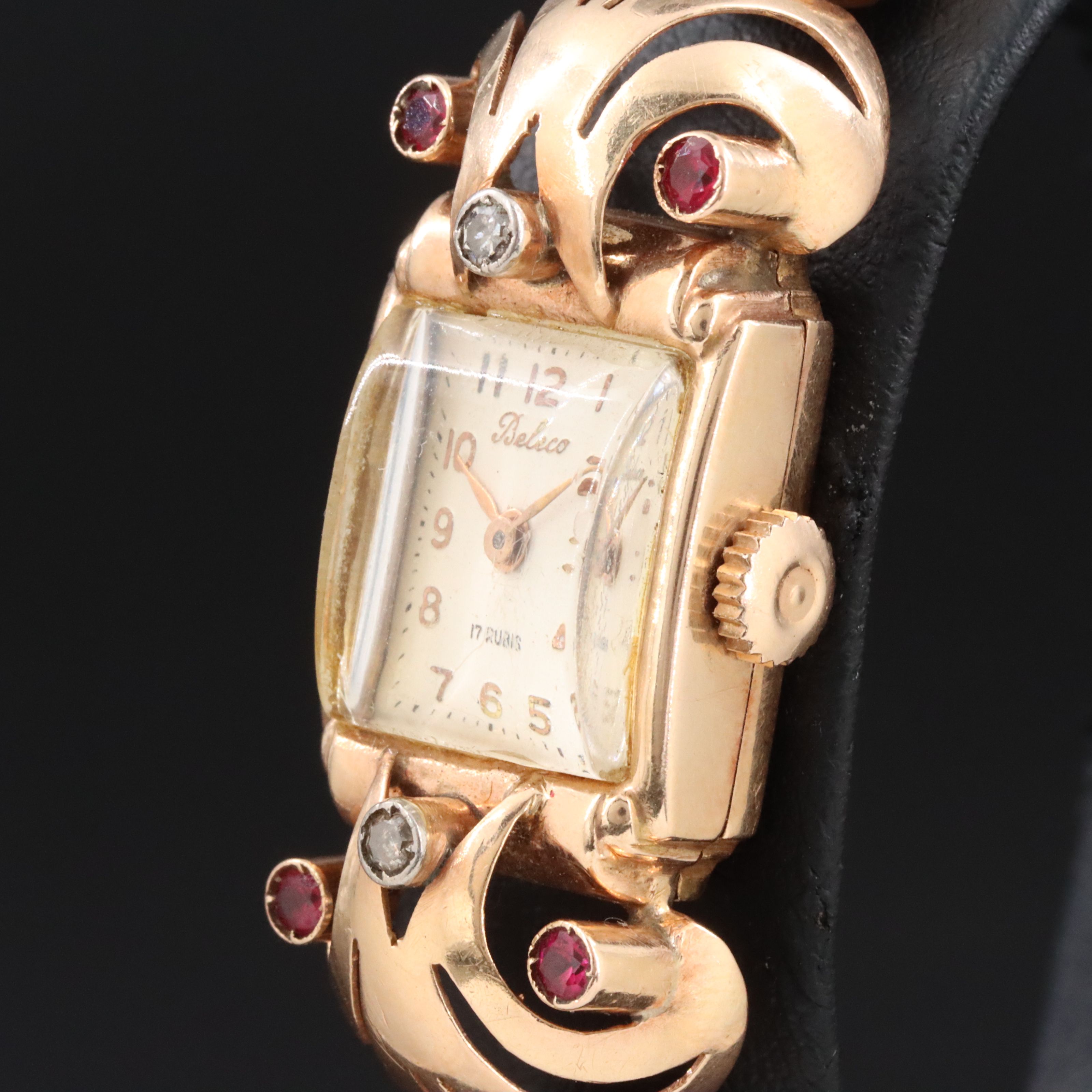 1940's Beleco 18K Ruby and Diamond Retro Modern Cocktail Watch