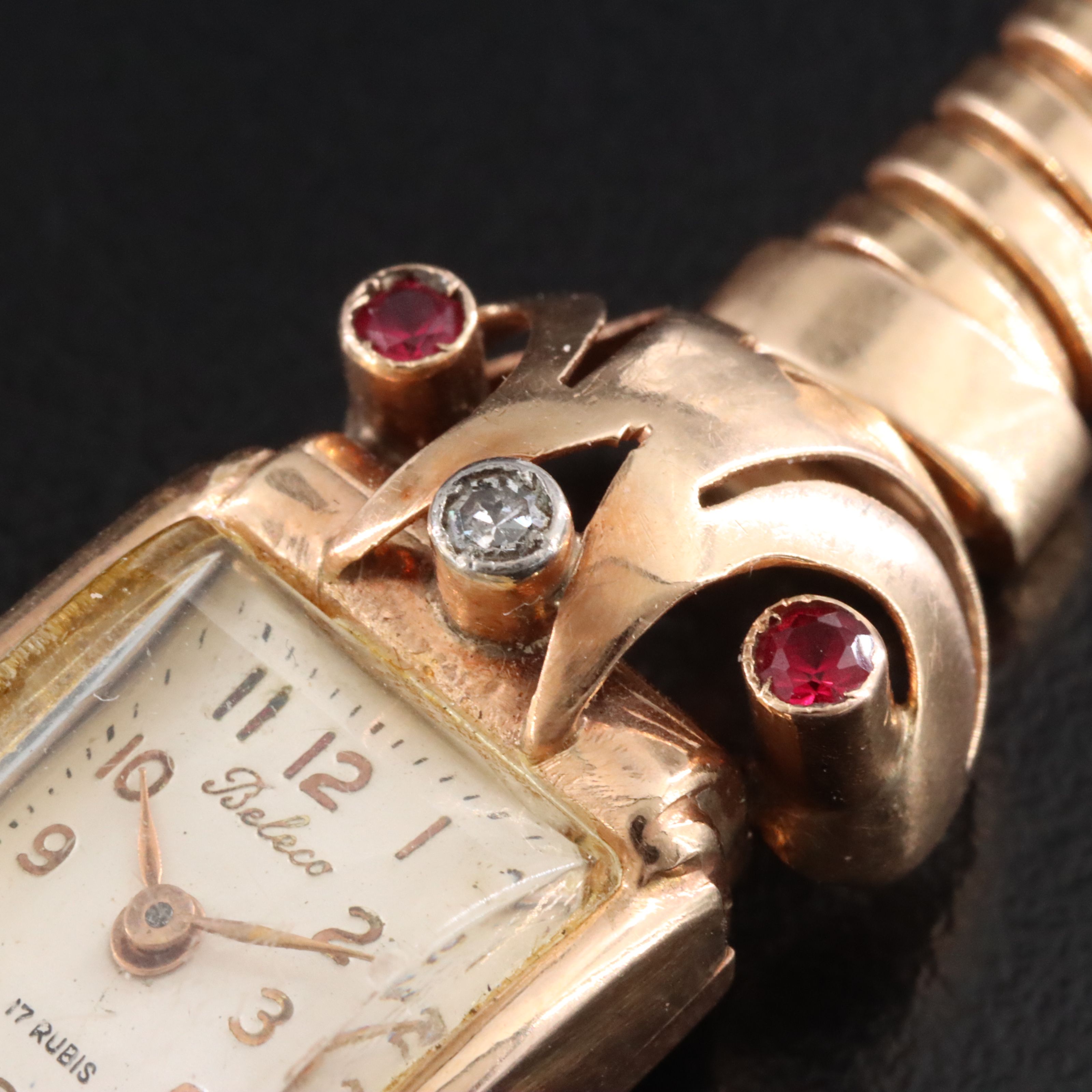 1940's Beleco 18K Ruby and Diamond Retro Modern Cocktail Watch