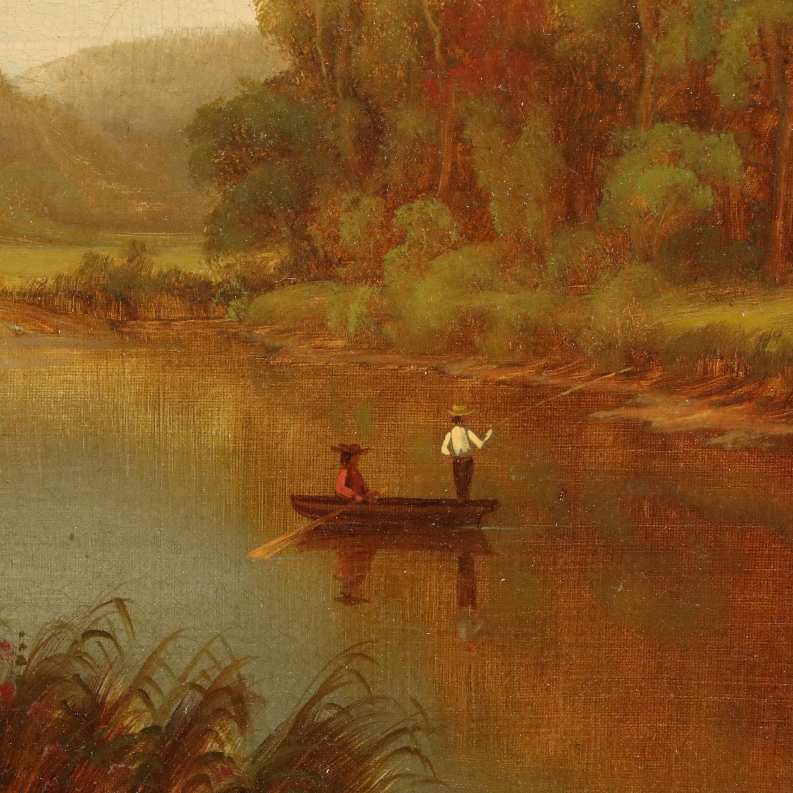 William Langworthy Landscape Oil Painting of Fisherman in the Adirondacks, 1872