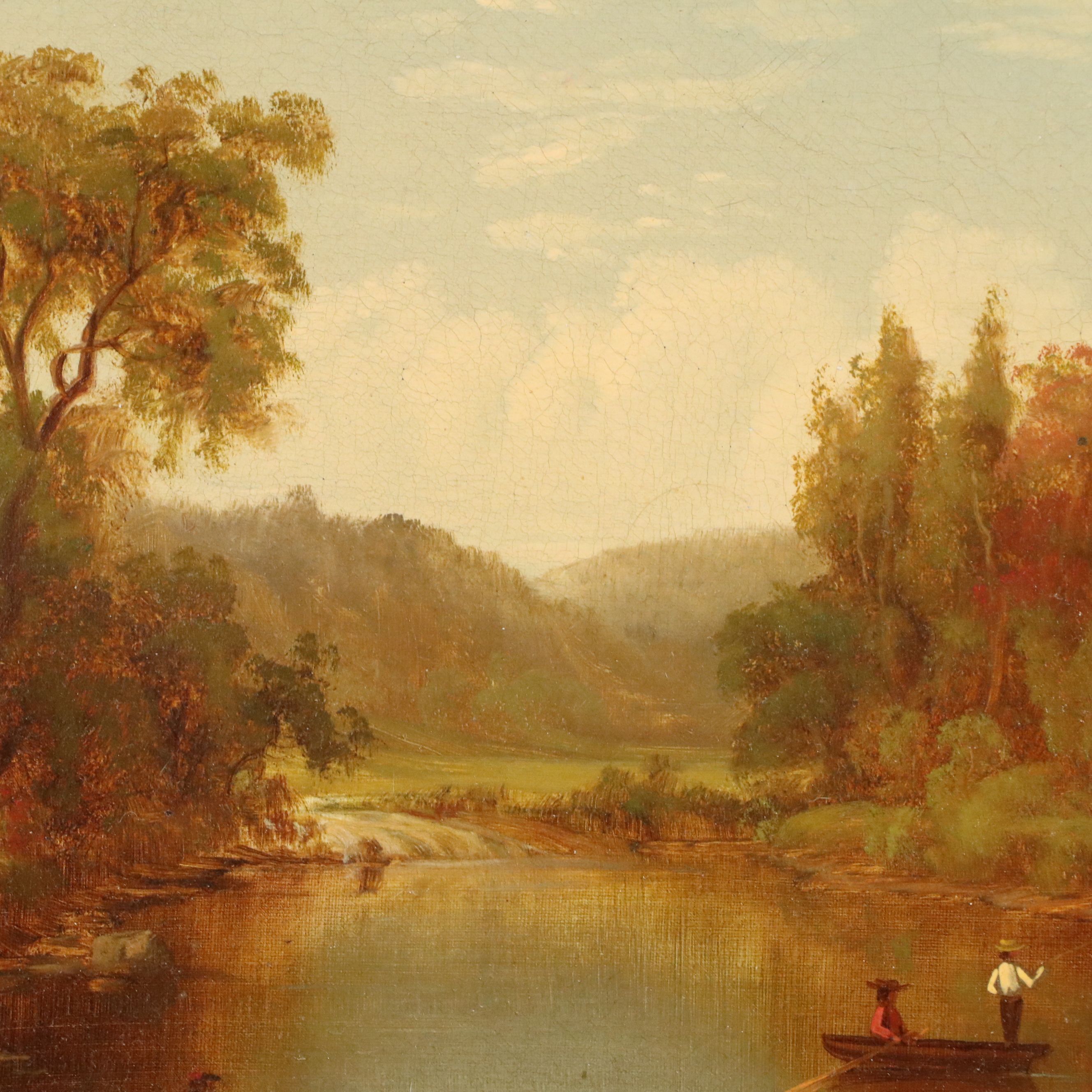 William Langworthy Landscape Oil Painting of Fisherman in the Adirondacks, 1872