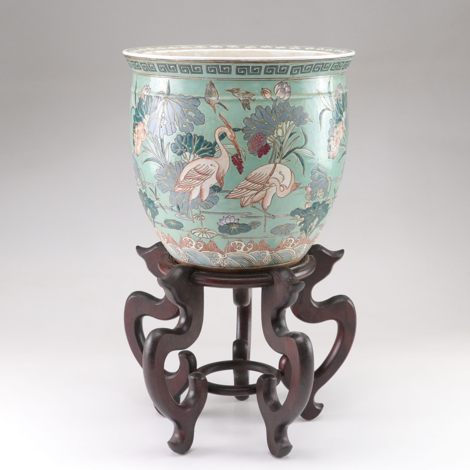 Chinese Cranes in Lotus Pond Motif Porcelain Fishbowl Planter on Wooden Stand