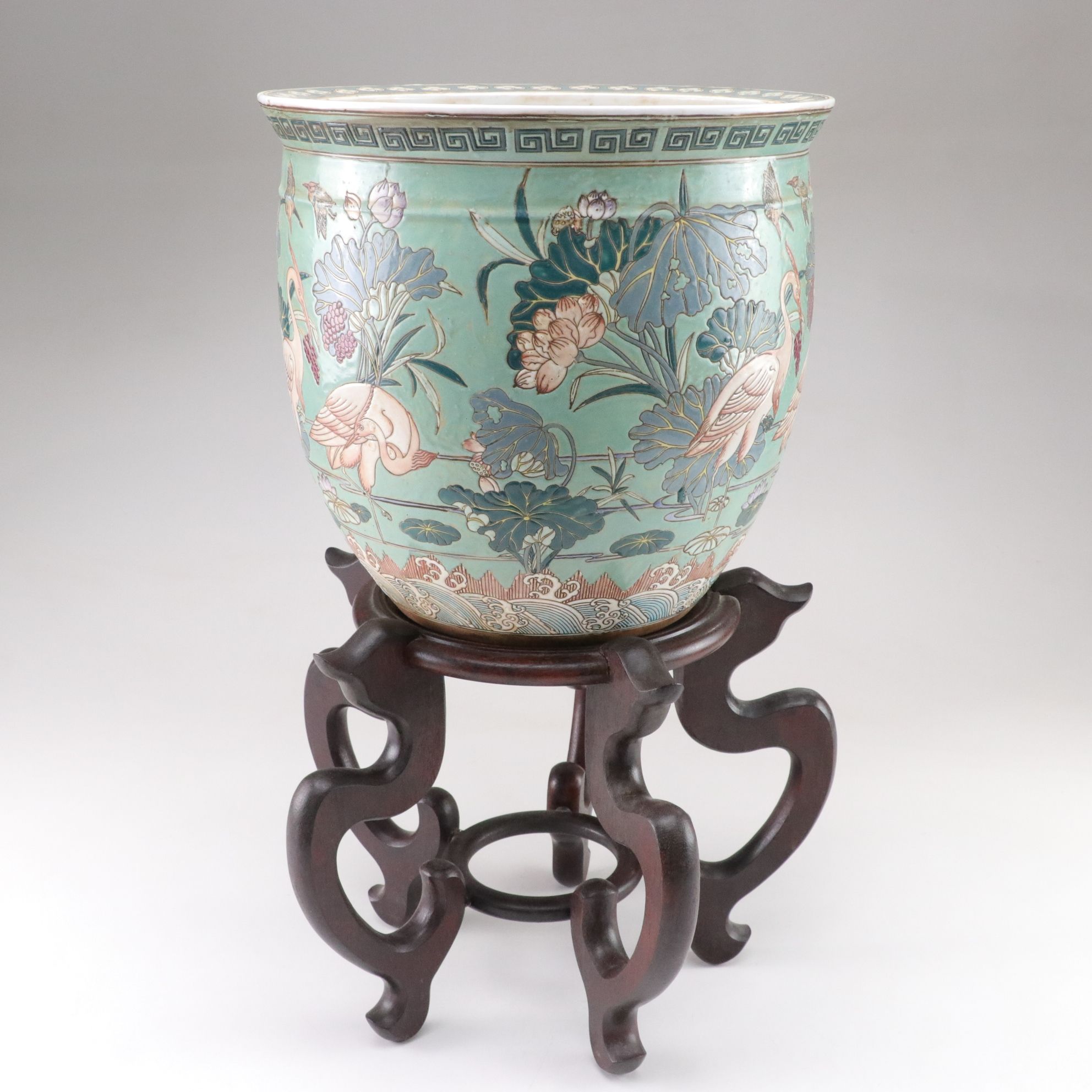 Chinese Cranes in Lotus Pond Motif Porcelain Fishbowl Planter on Wooden Stand