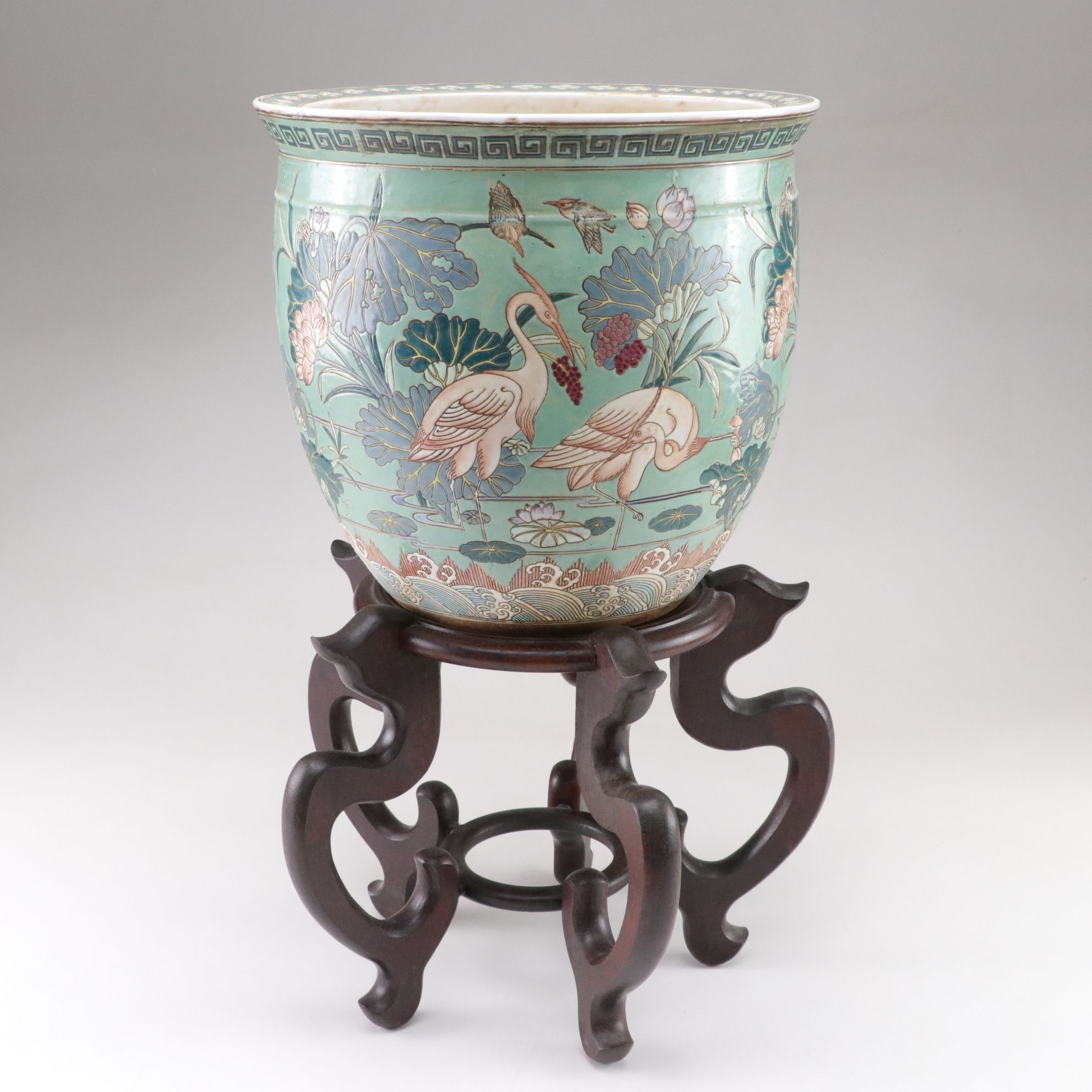 Chinese Cranes in Lotus Pond Motif Porcelain Fishbowl Planter on Wooden Stand