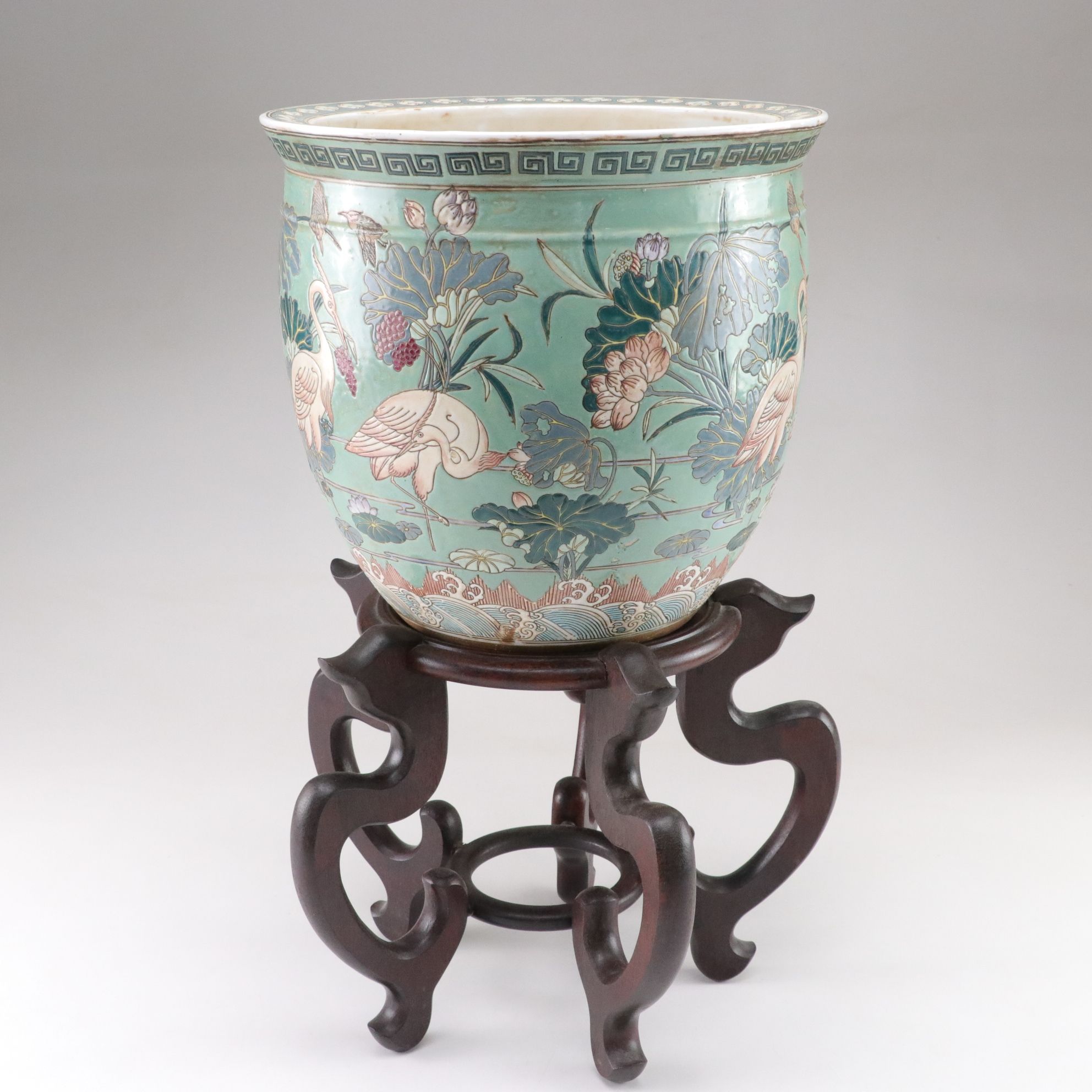 Chinese Cranes in Lotus Pond Motif Porcelain Fishbowl Planter on Wooden Stand