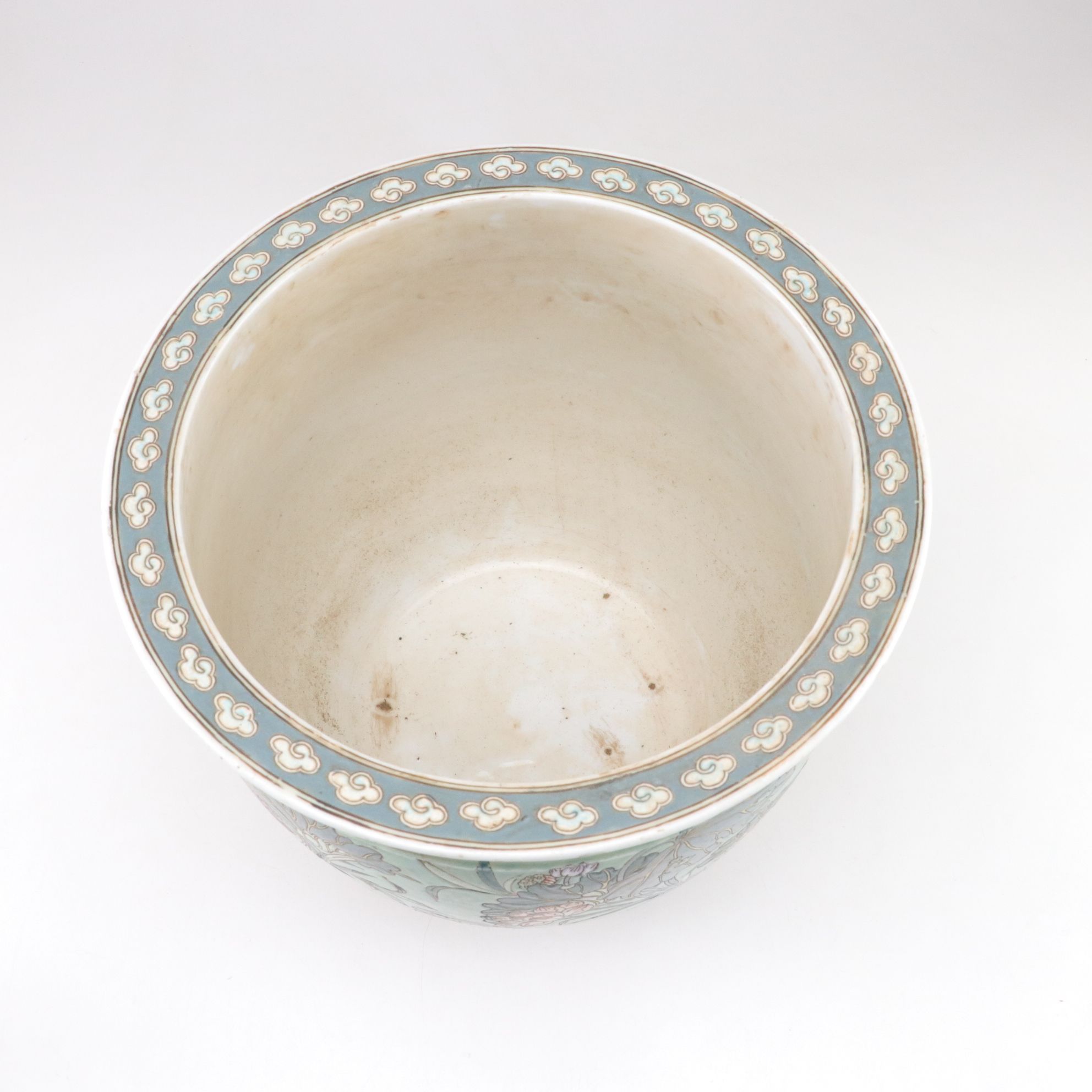 Chinese Cranes in Lotus Pond Motif Porcelain Fishbowl Planter on Wooden Stand