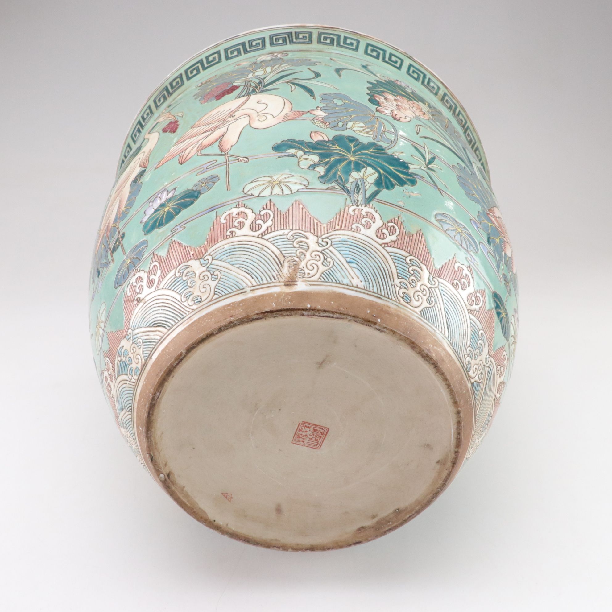 Chinese Cranes in Lotus Pond Motif Porcelain Fishbowl Planter on Wooden Stand
