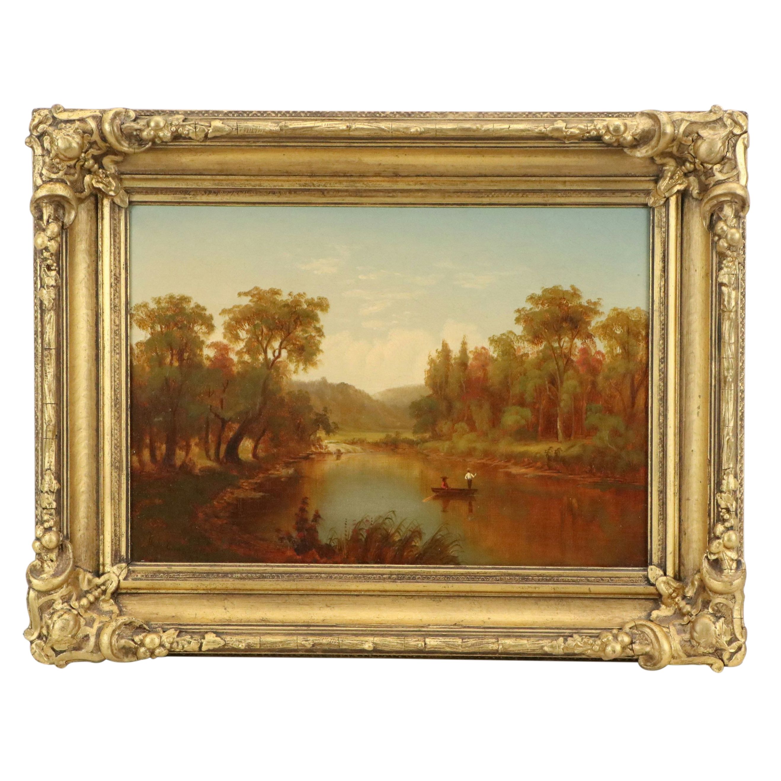 William Langworthy Landscape Oil Painting of Fisherman in the Adirondacks, 1872