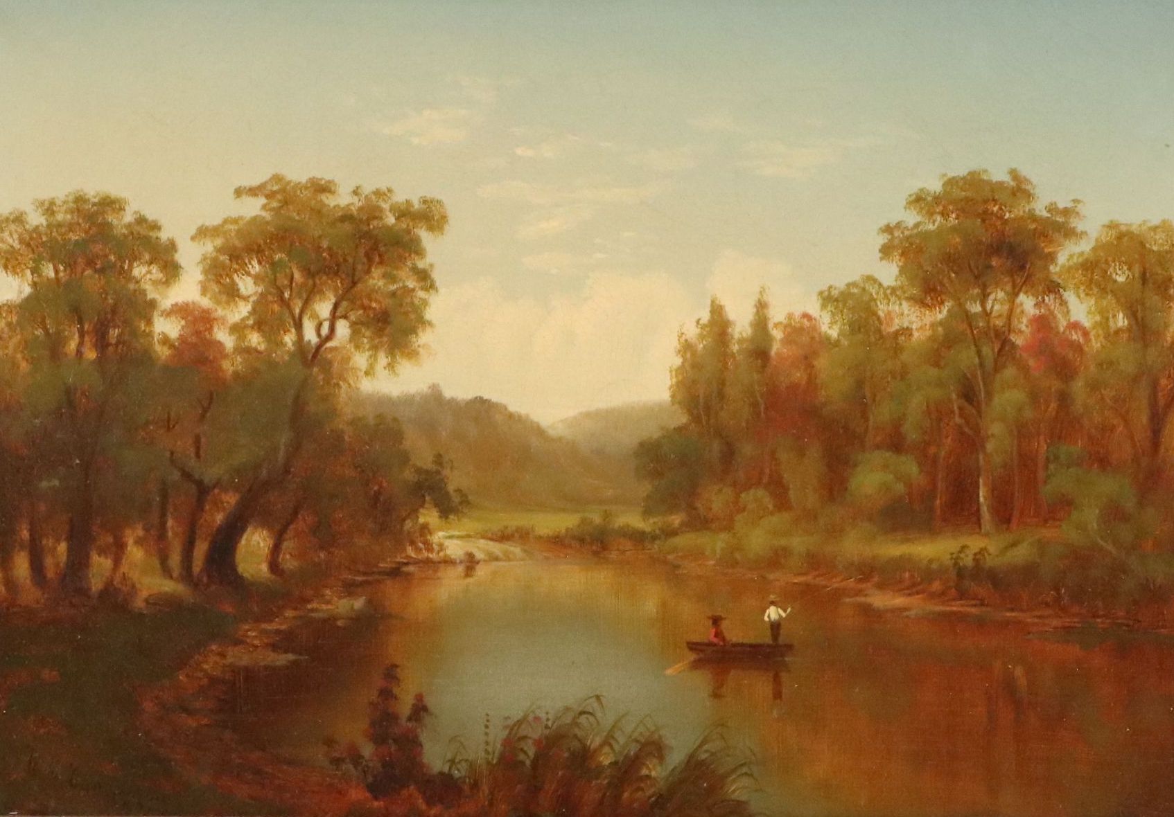 William Langworthy Landscape Oil Painting of Fisherman in the Adirondacks, 1872