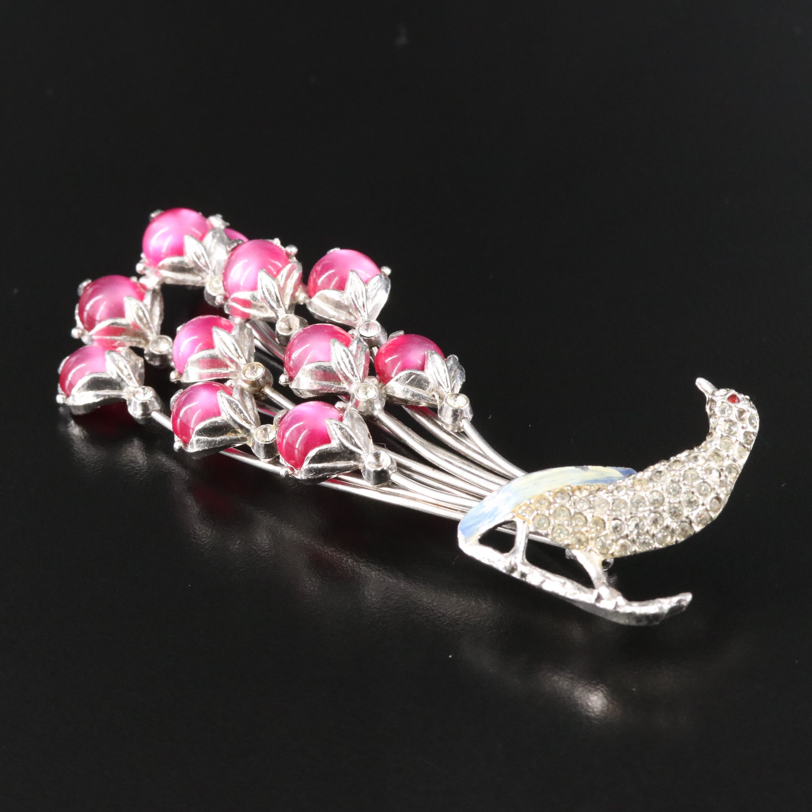 1950s Rhinestone and Moonglow Lucite Peacock Brooch