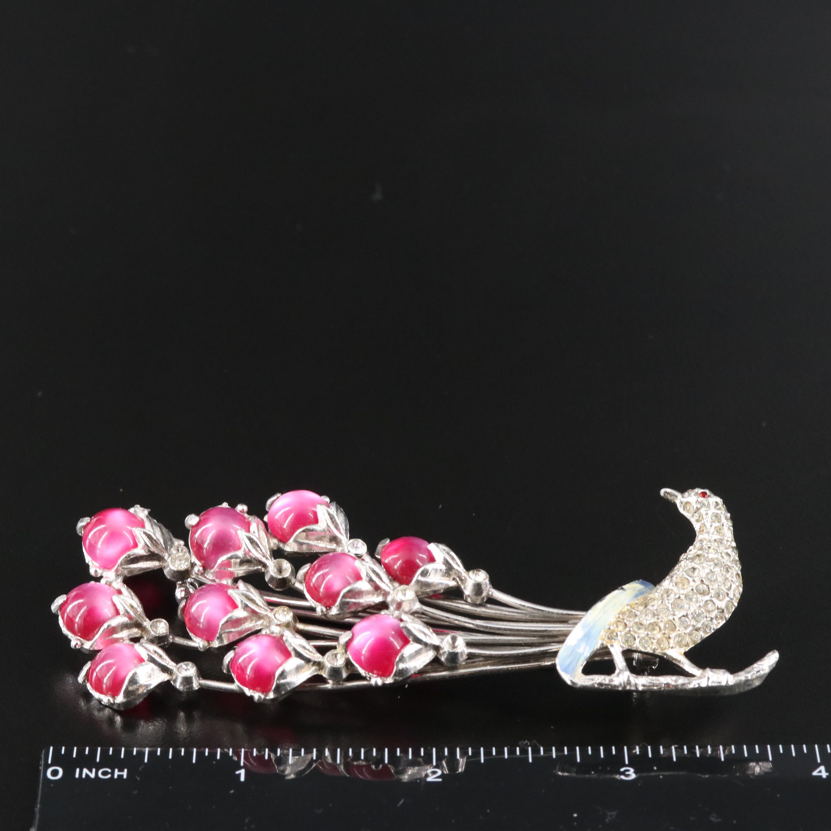 1950s Rhinestone and Moonglow Lucite Peacock Brooch