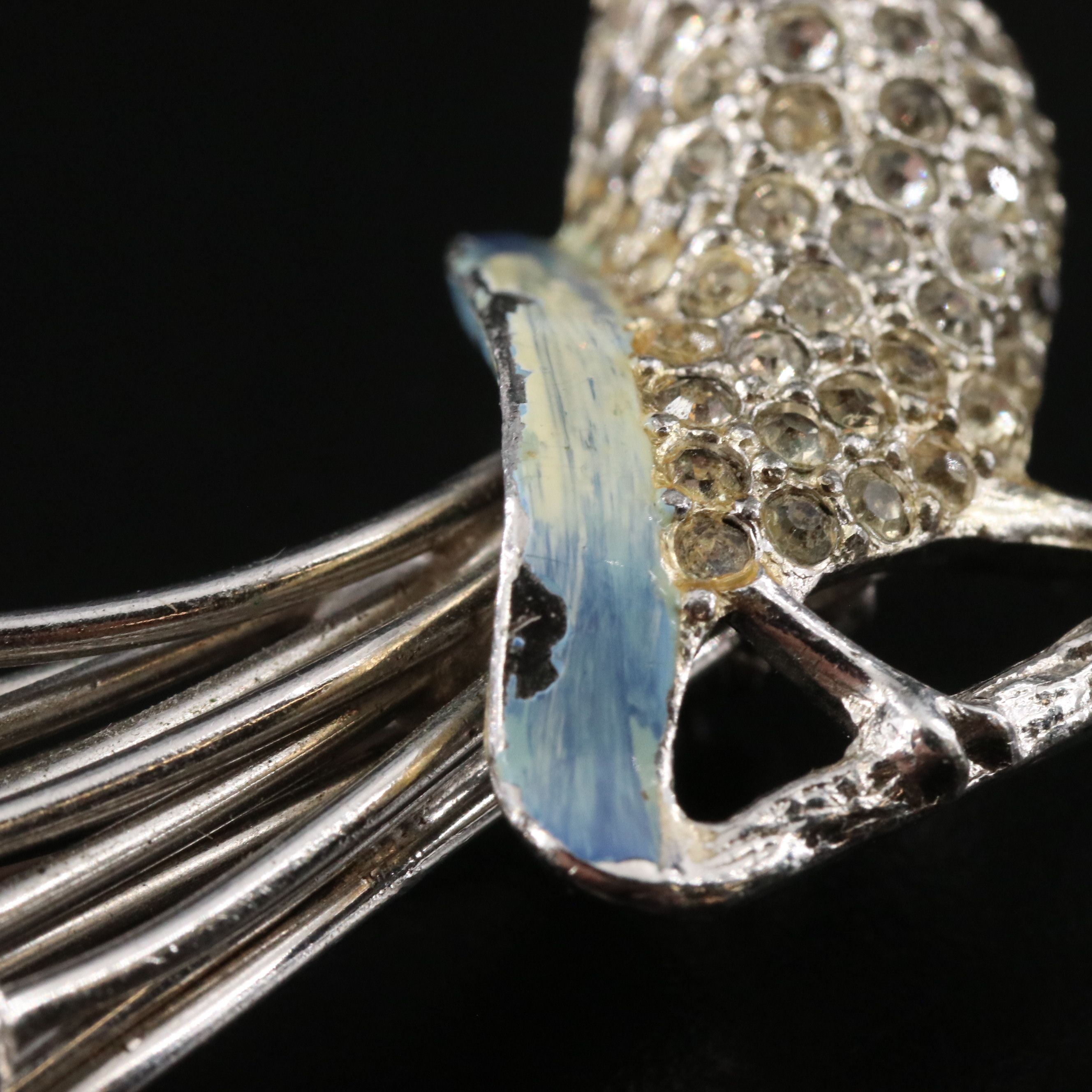 1950s Rhinestone and Moonglow Lucite Peacock Brooch