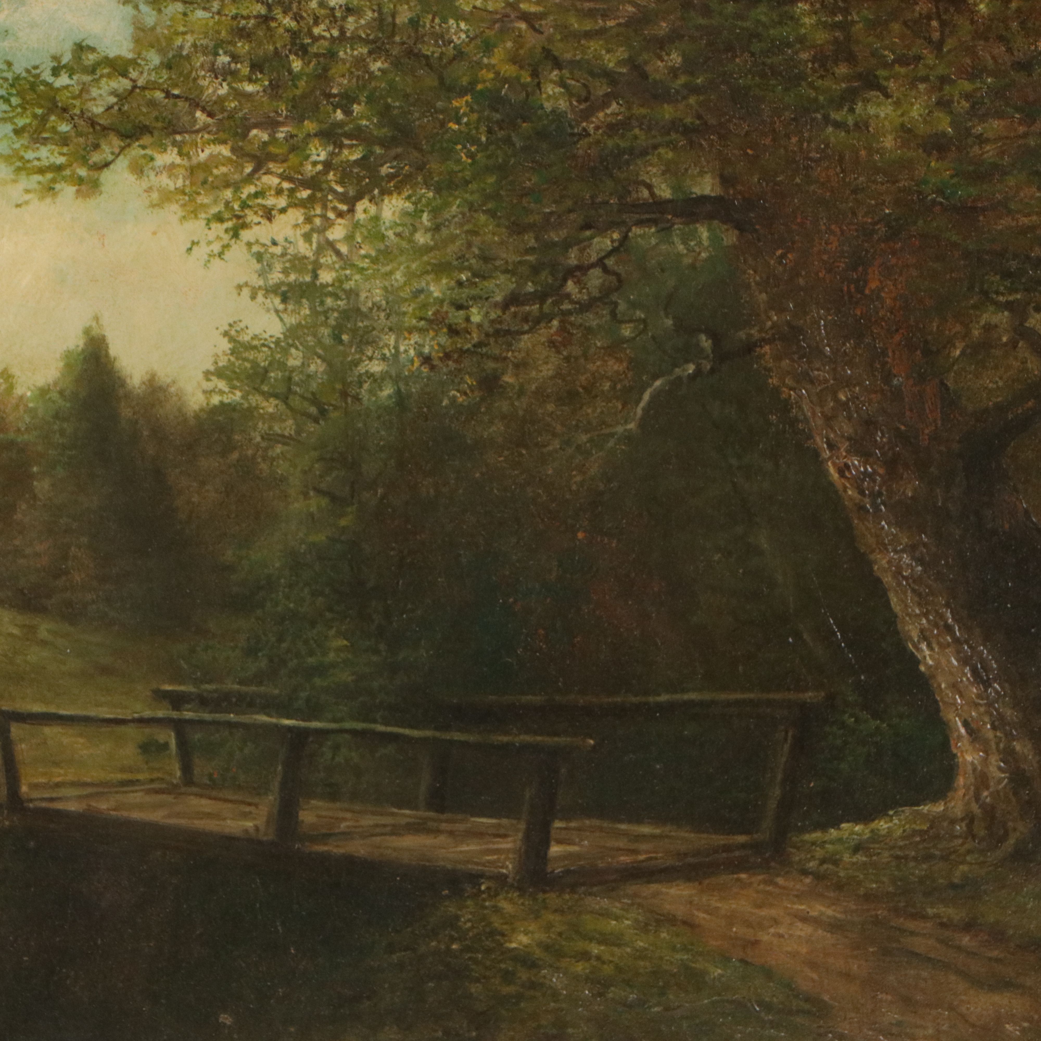 F. Clark Oil Painting of Bridge on Wooded Road, Early 20th Century