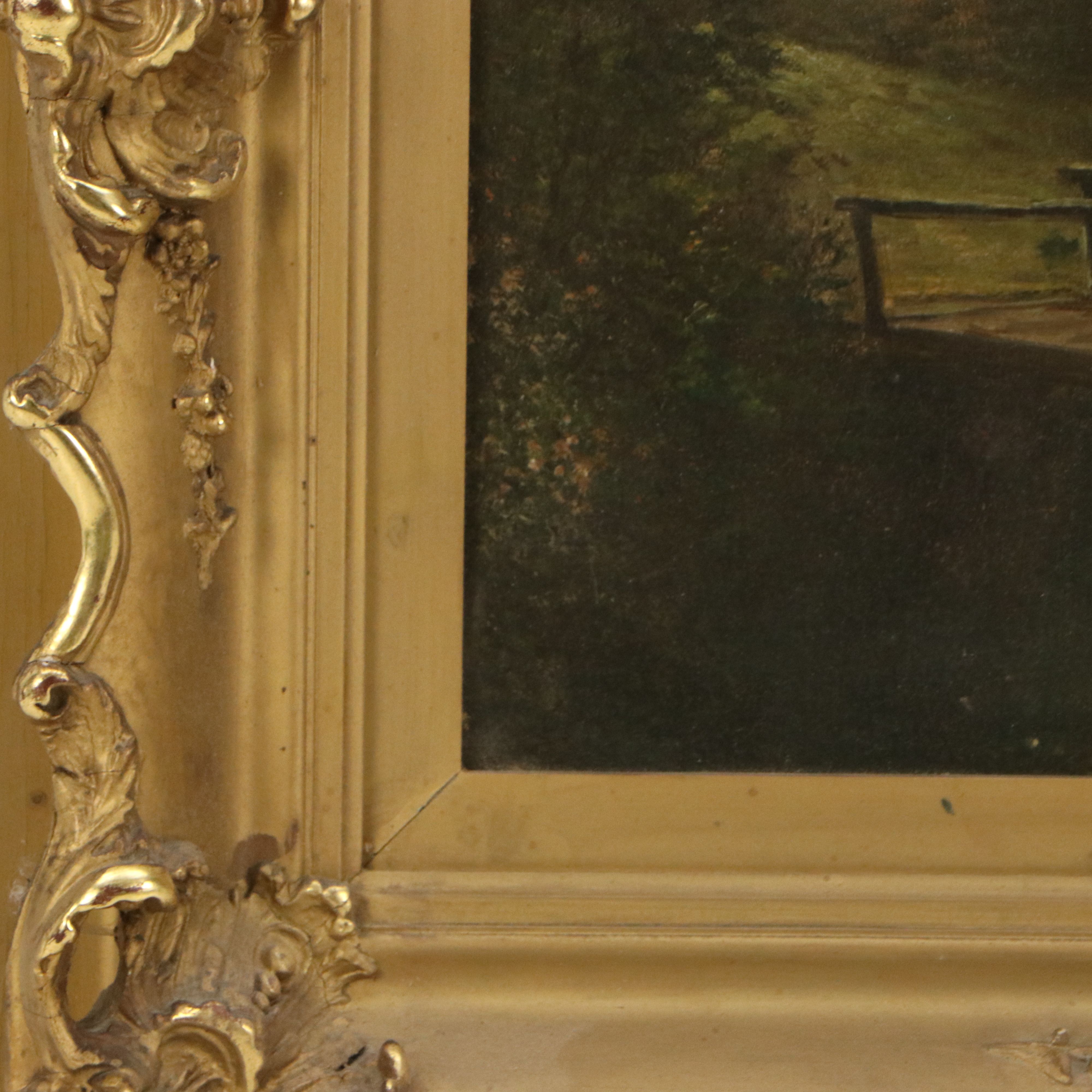 F. Clark Oil Painting of Bridge on Wooded Road, Early 20th Century
