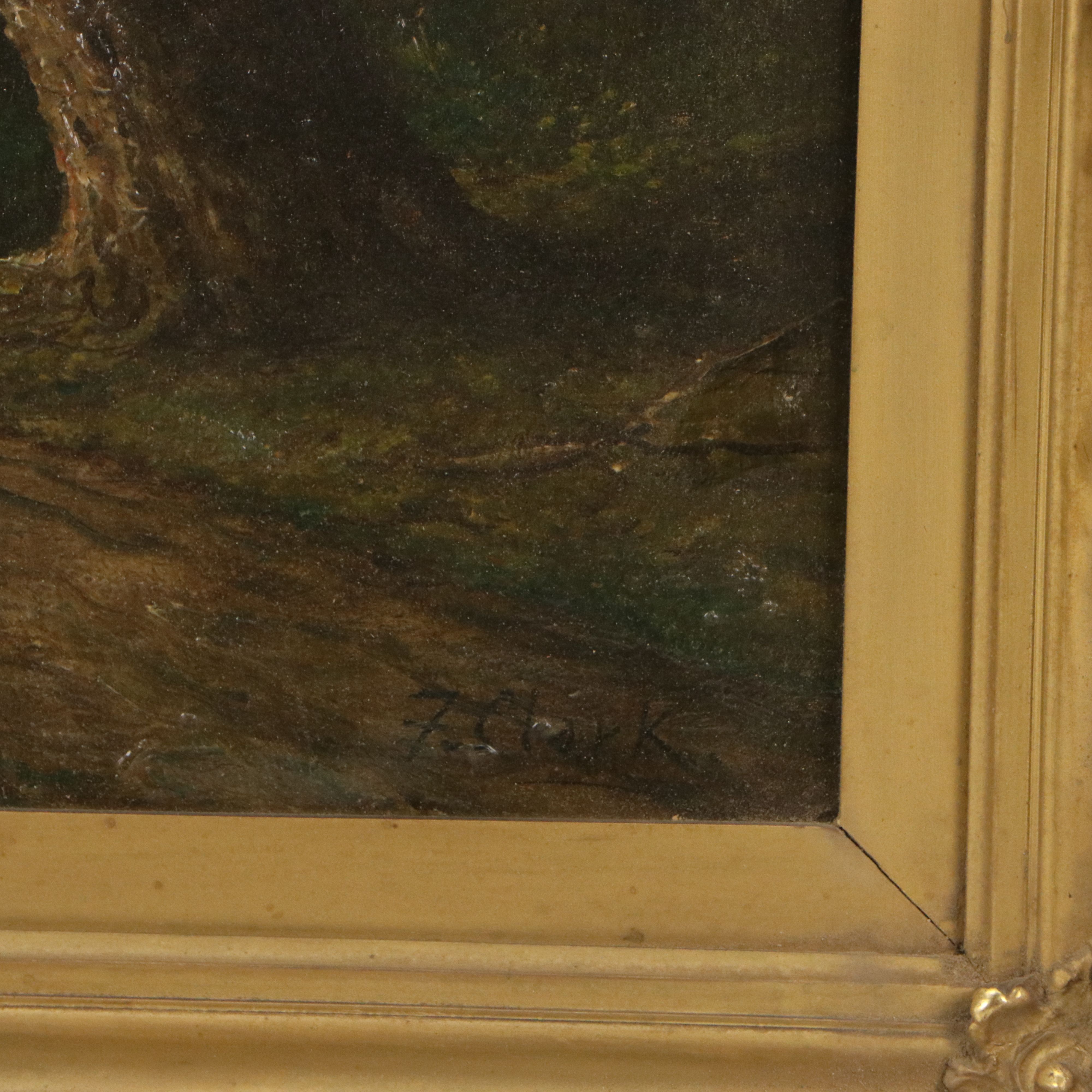 F. Clark Oil Painting of Bridge on Wooded Road, Early 20th Century