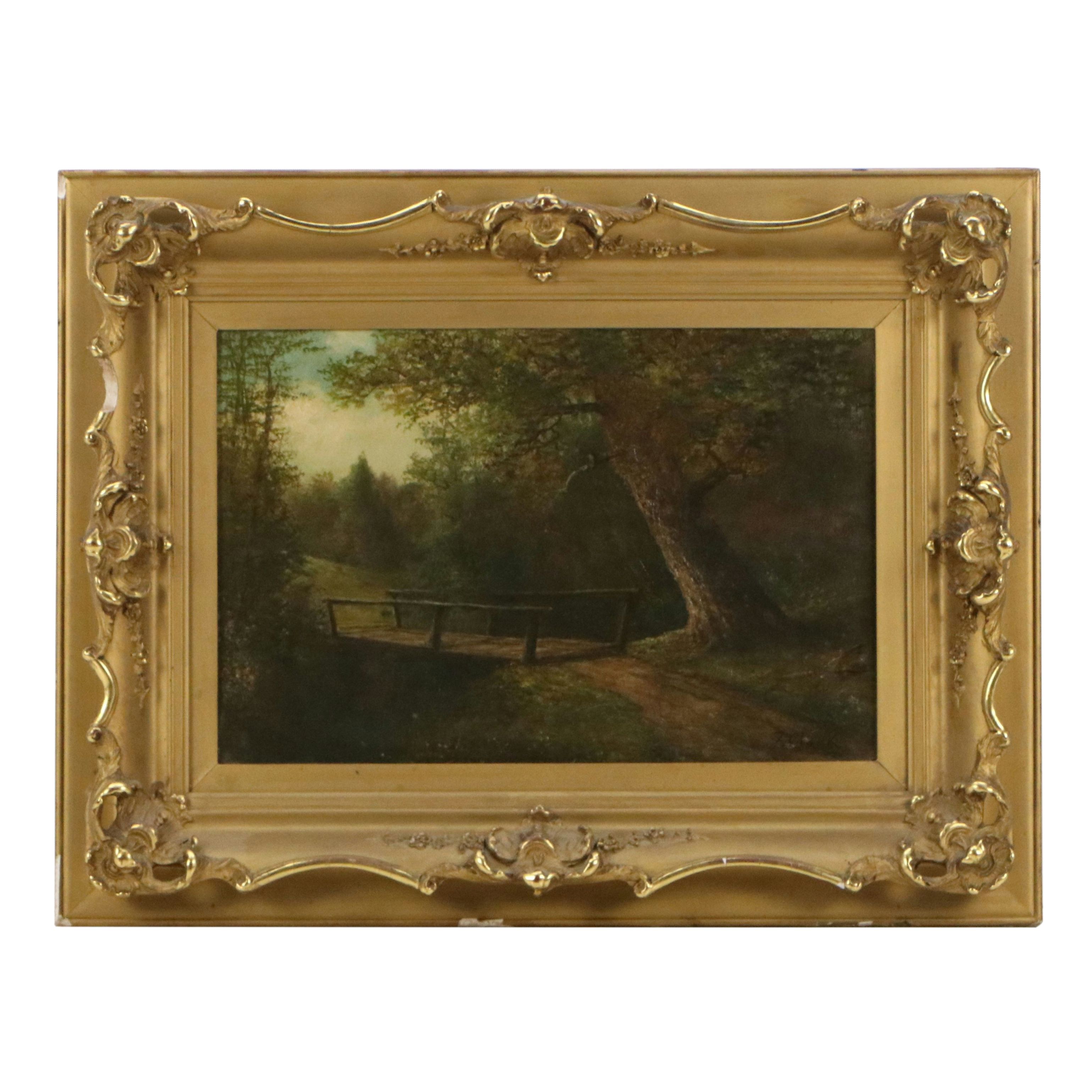 F. Clark Oil Painting of Bridge on Wooded Road, Early 20th Century
