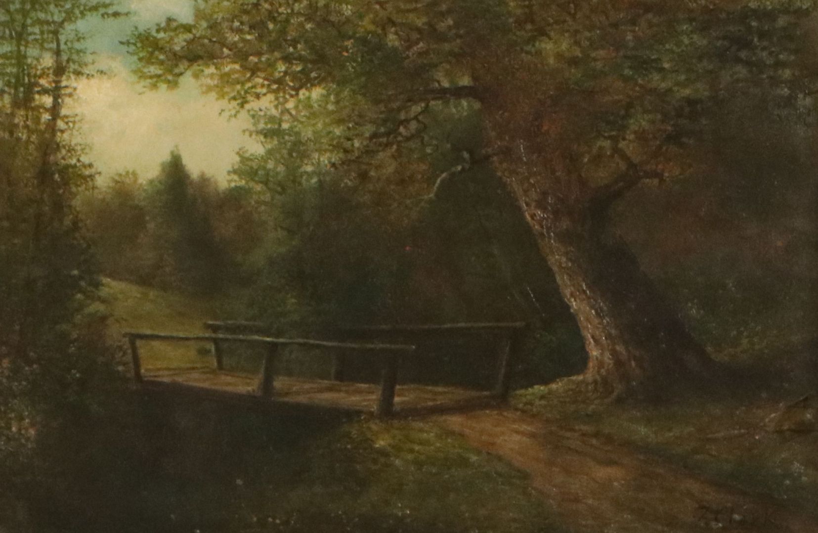 F. Clark Oil Painting of Bridge on Wooded Road, Early 20th Century