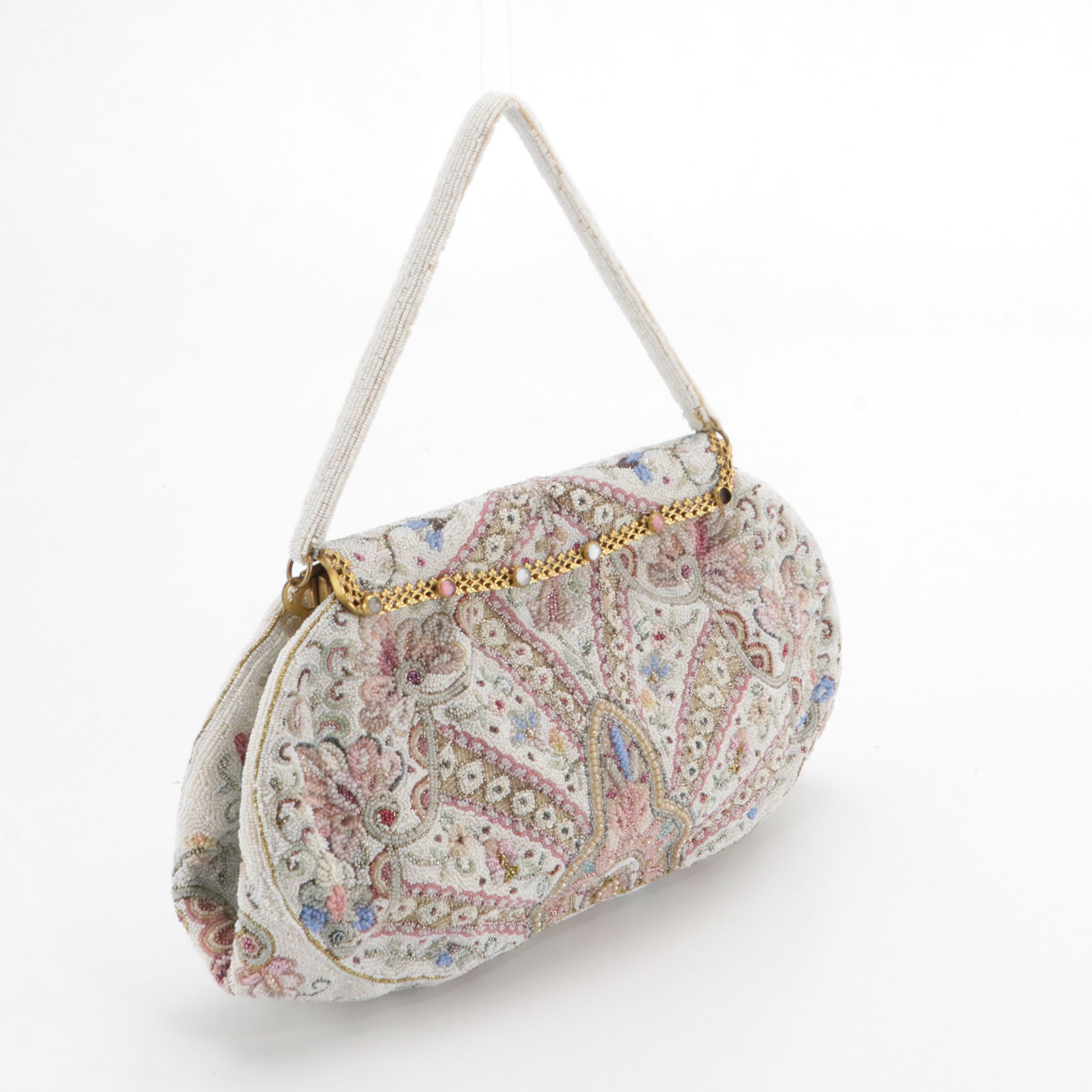 Koret Ostrich Skin Handbag, French Micro-Bead Purse & Acrylic Compact Minaudière