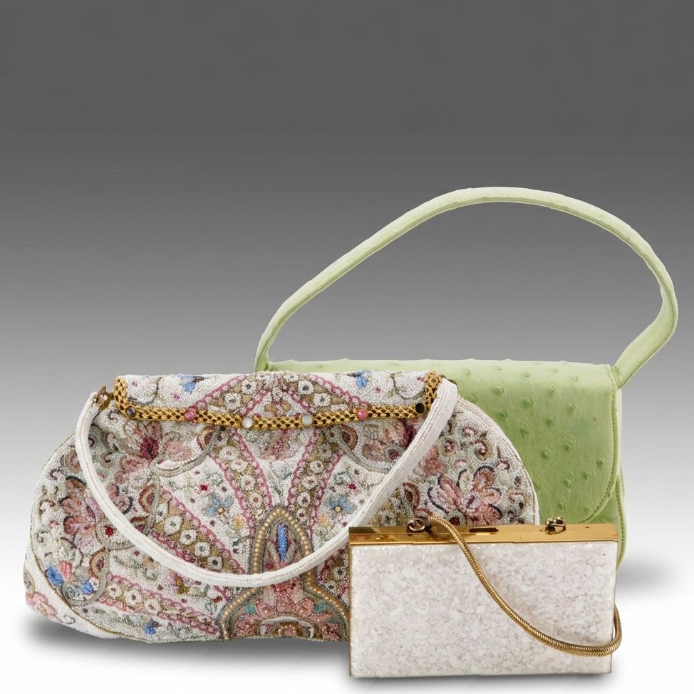 Koret Ostrich Skin Handbag, French Micro-Bead Purse & Acrylic Compact Minaudière