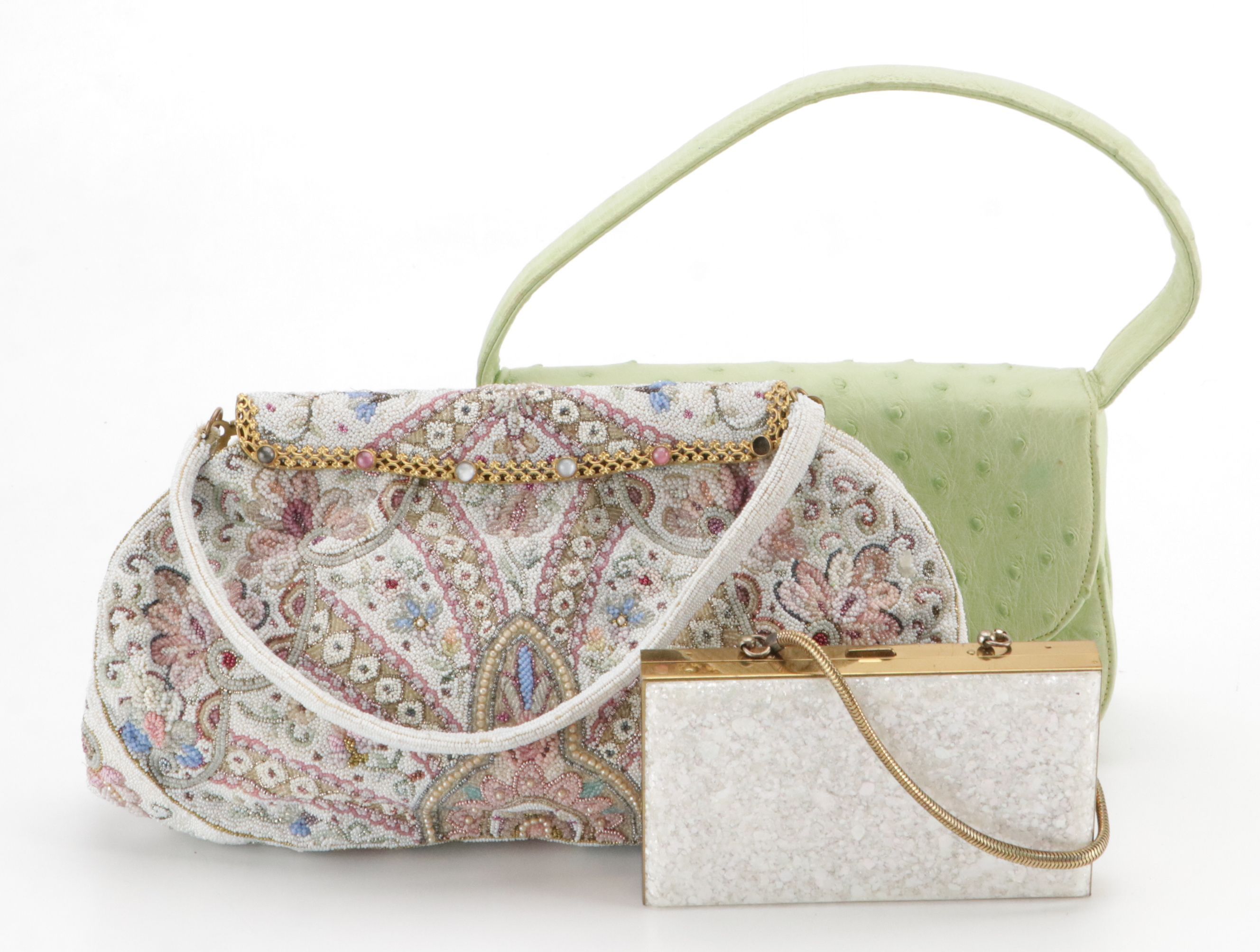 Koret Ostrich Skin Handbag, French Micro-Bead Purse & Acrylic Compact Minaudière