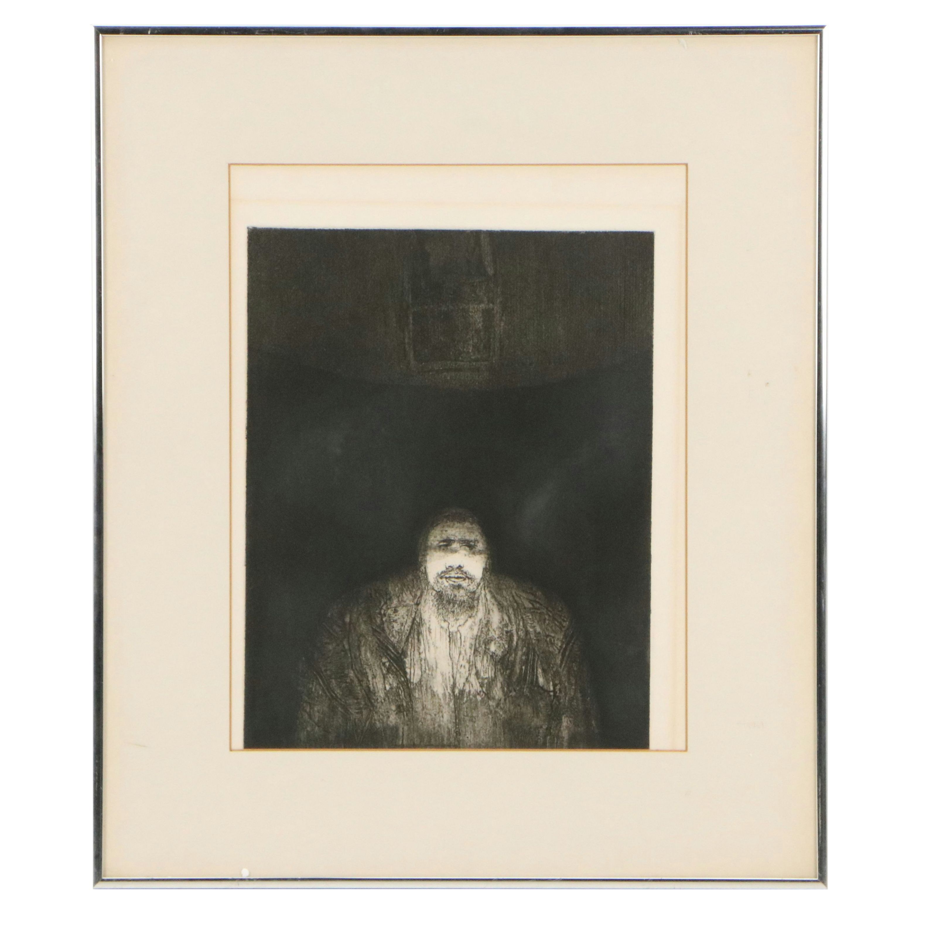Harvey Breverman Etching of Man in Dark Space, Mid to Late 20th Century
