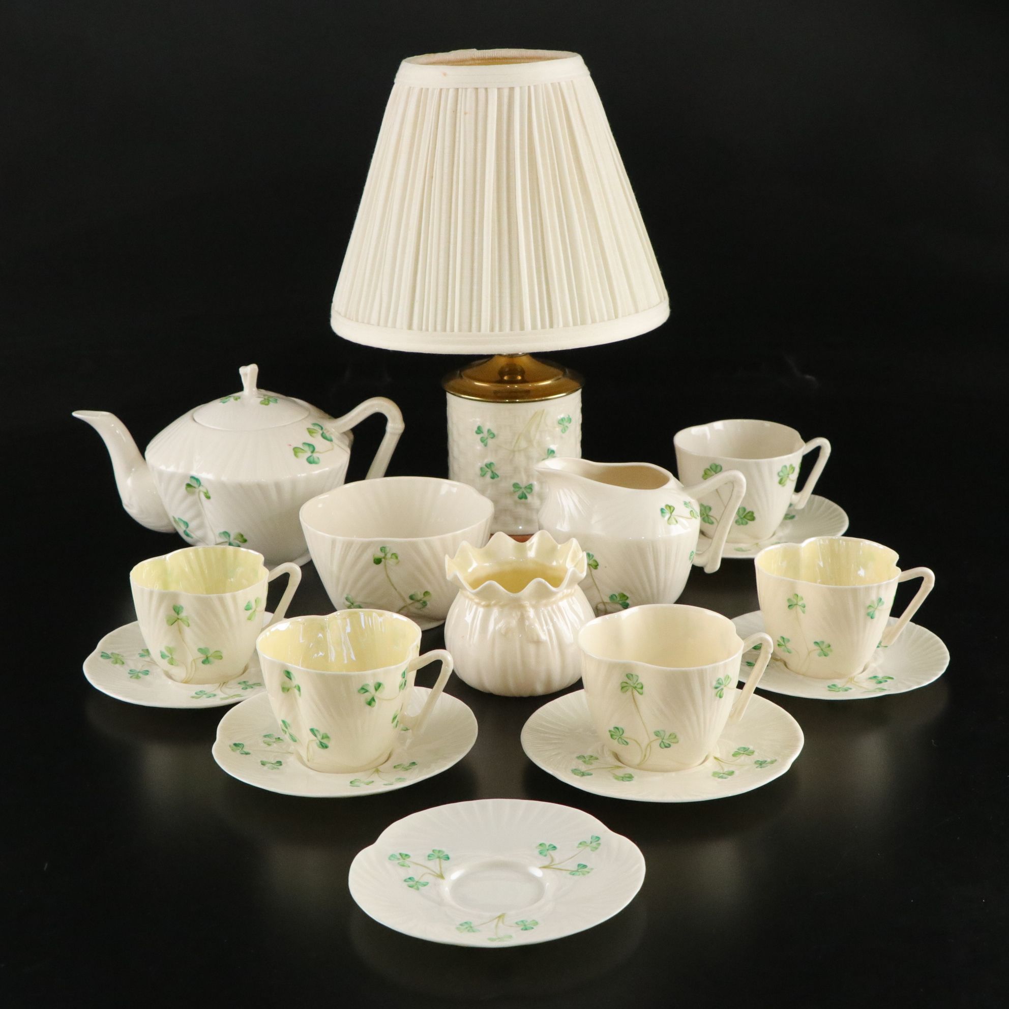 Belleek "Harp Shamrock" Porcelain Flat Cups, Saucers and More