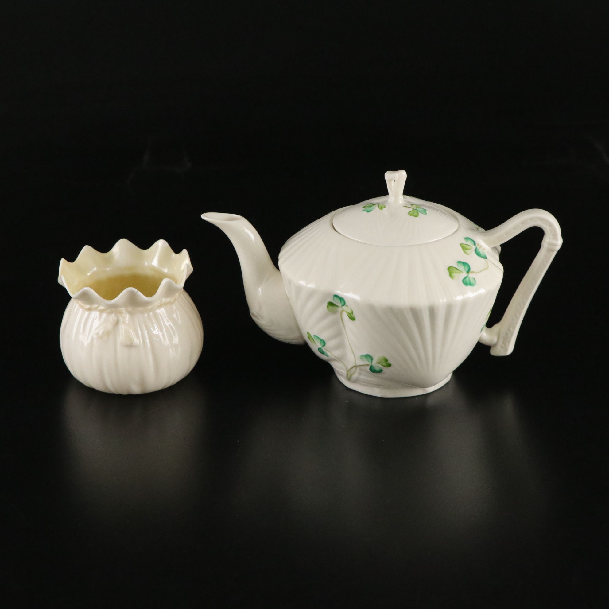 Belleek "Harp Shamrock" Porcelain Flat Cups, Saucers and More