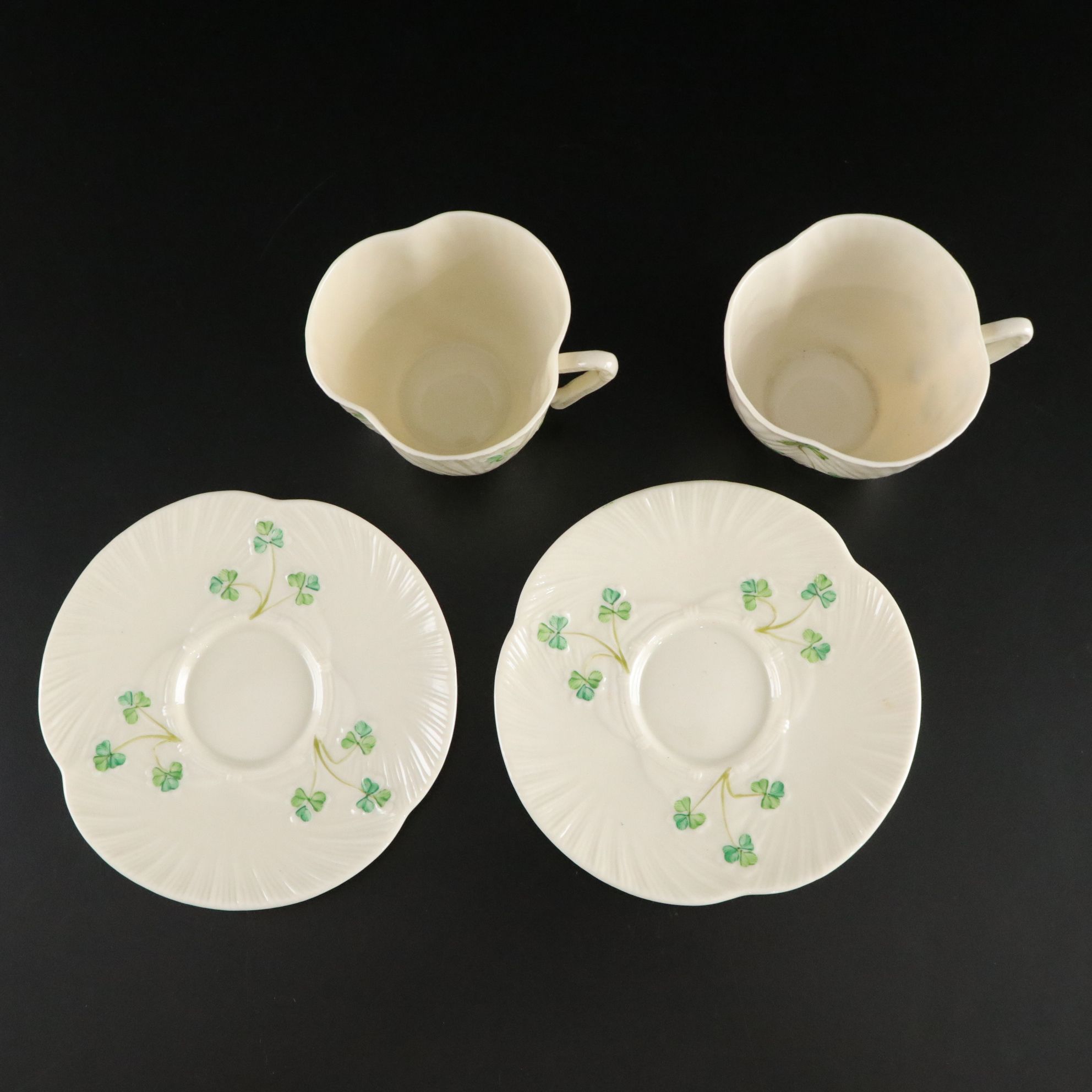 Belleek "Harp Shamrock" Porcelain Flat Cups, Saucers and More