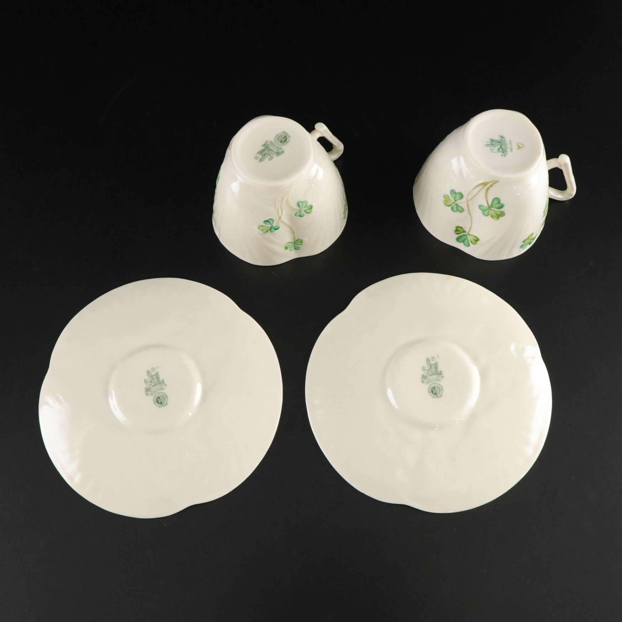Belleek "Harp Shamrock" Porcelain Flat Cups, Saucers and More