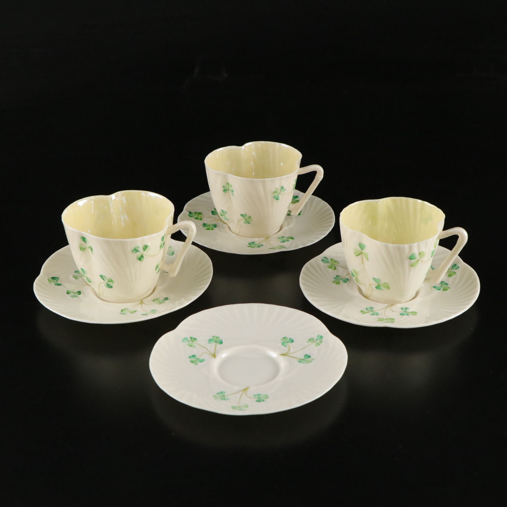 Belleek "Harp Shamrock" Porcelain Flat Cups, Saucers and More