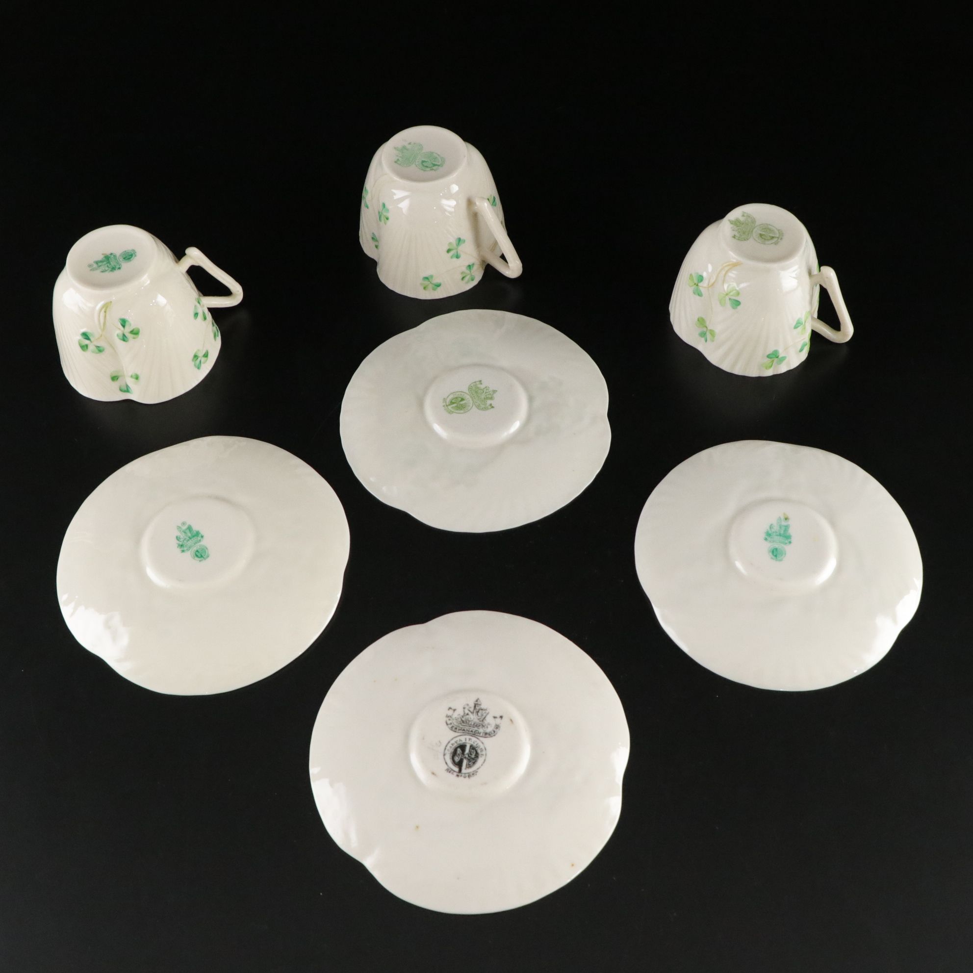Belleek "Harp Shamrock" Porcelain Flat Cups, Saucers and More