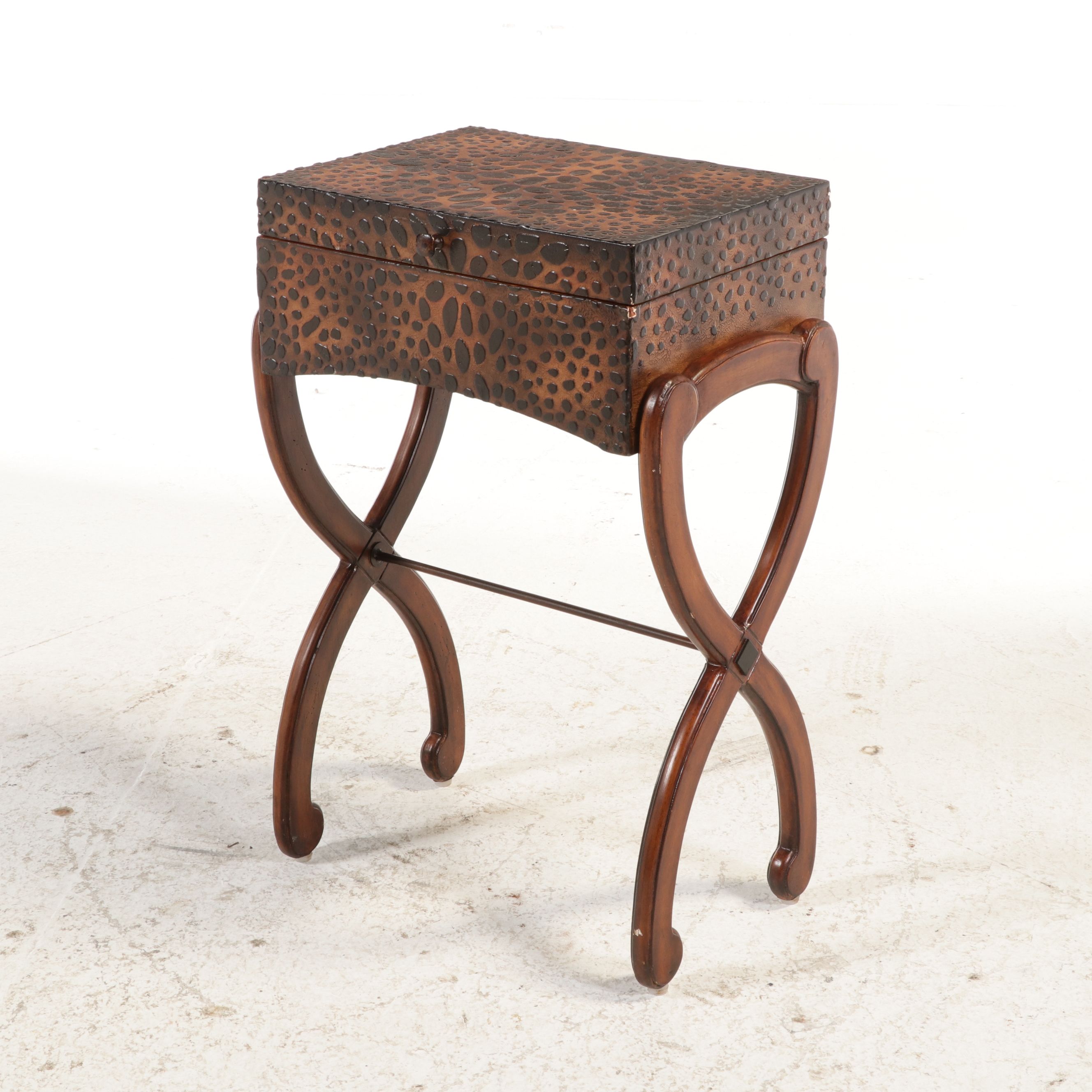 Campaign Style Textured Finish Wooden Chest on Stand