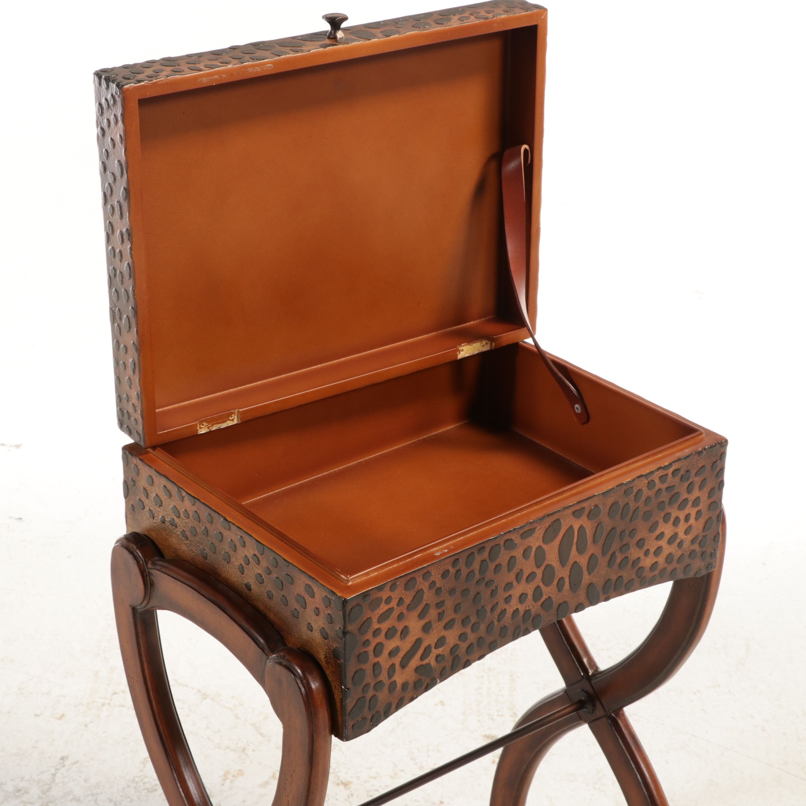 Campaign Style Textured Finish Wooden Chest on Stand