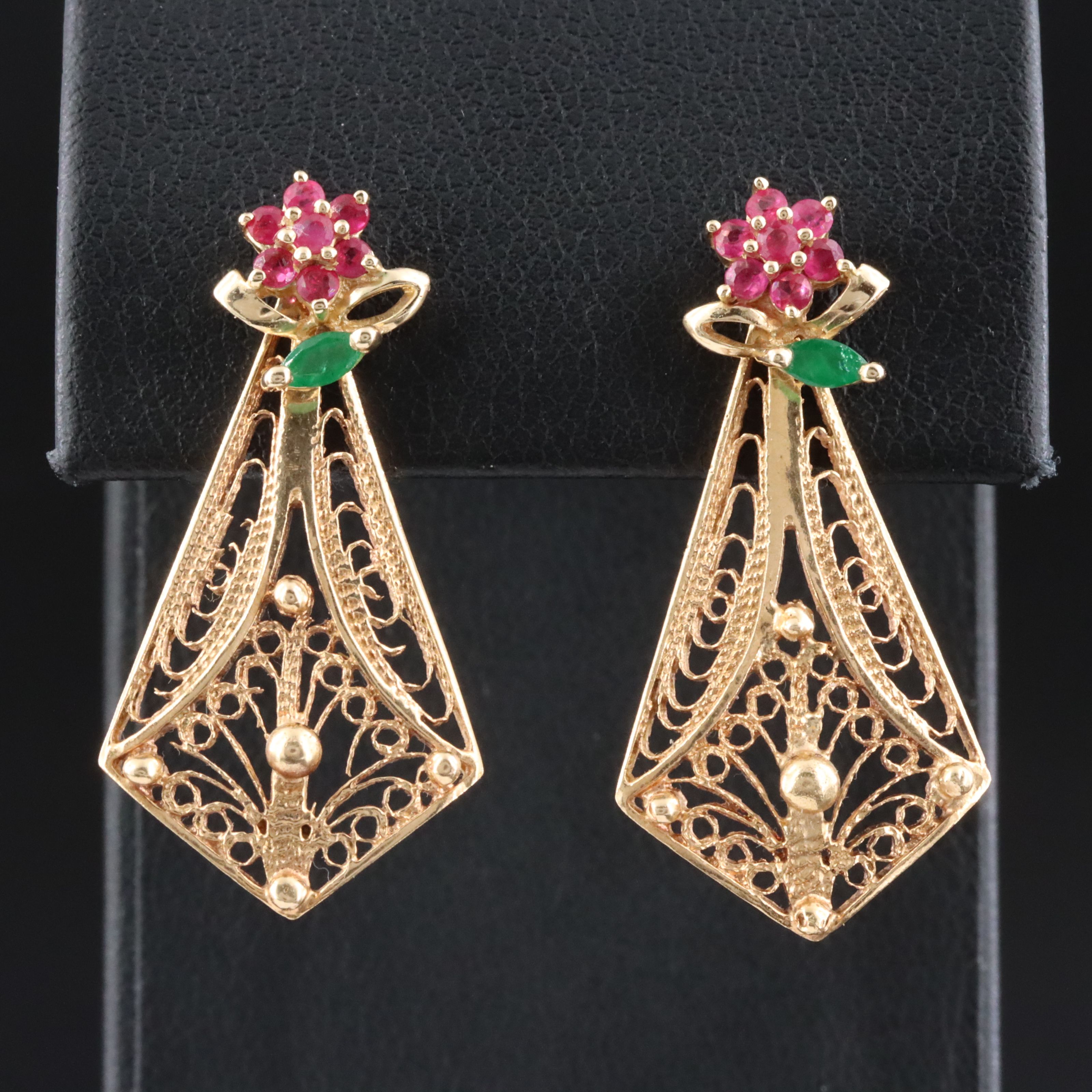 14K Ruby and Emerald Floral Stud Earrings and Filigree Drop Enhancers