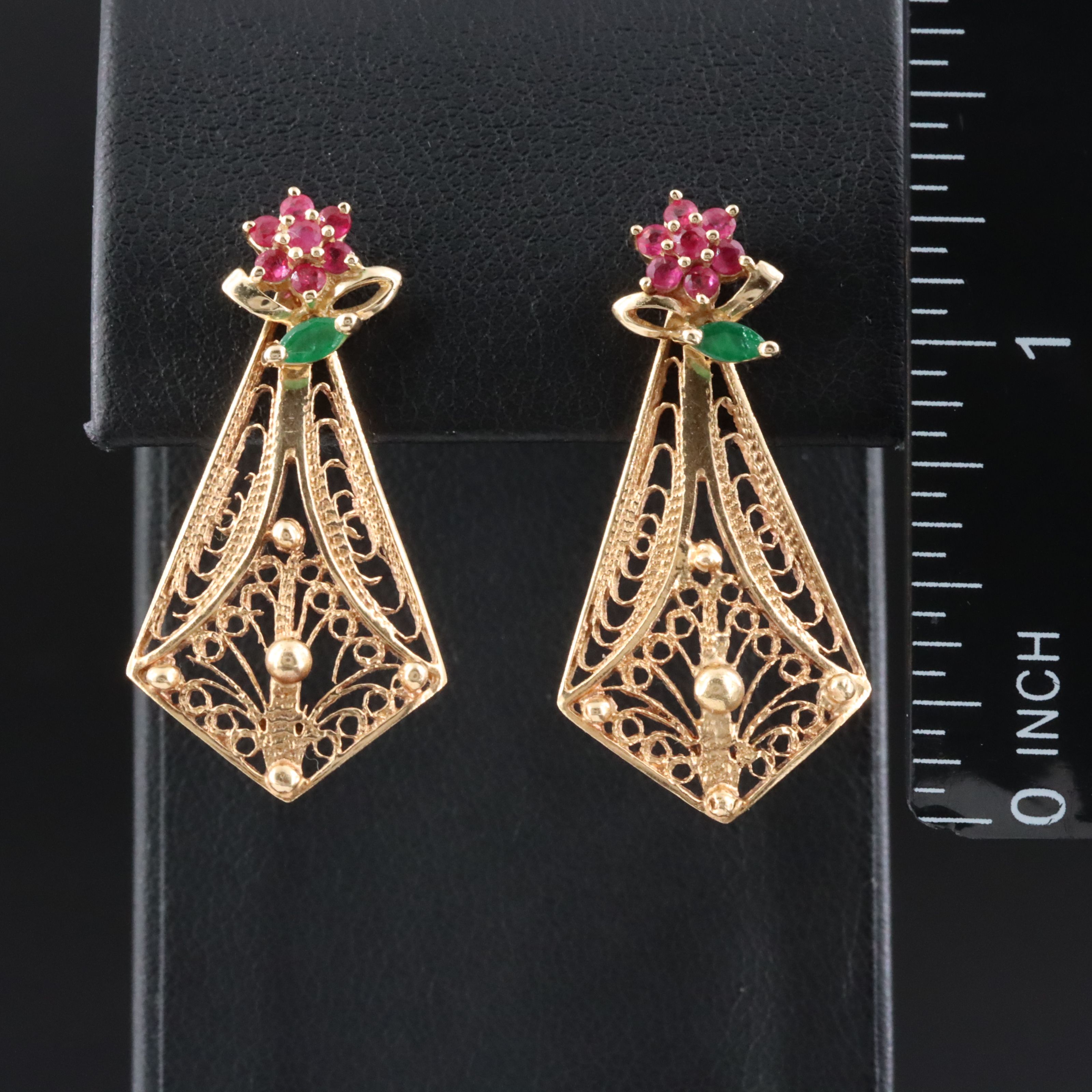14K Ruby and Emerald Floral Stud Earrings and Filigree Drop Enhancers