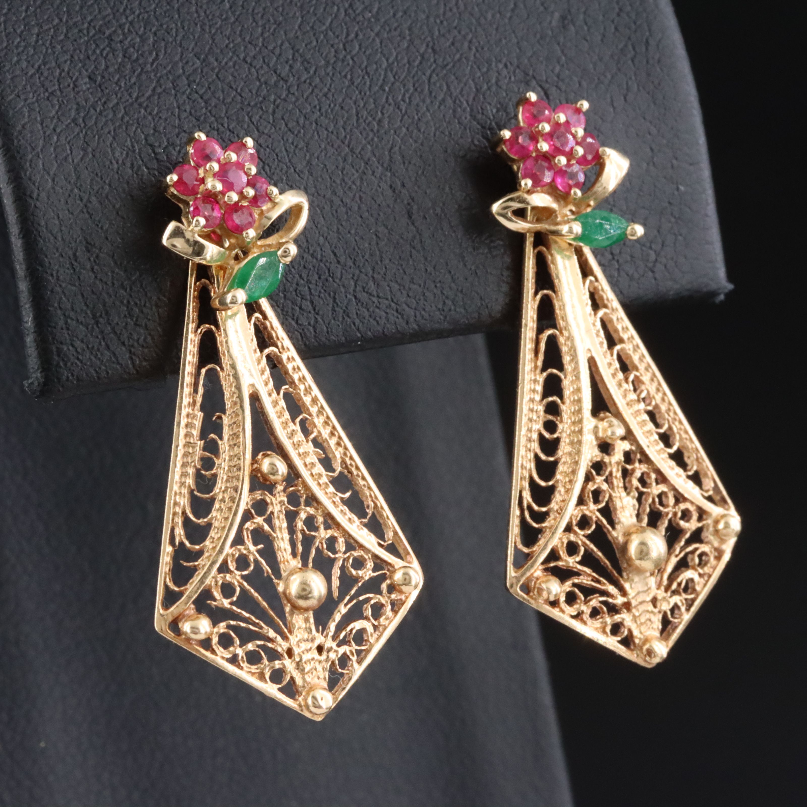 14K Ruby and Emerald Floral Stud Earrings and Filigree Drop Enhancers