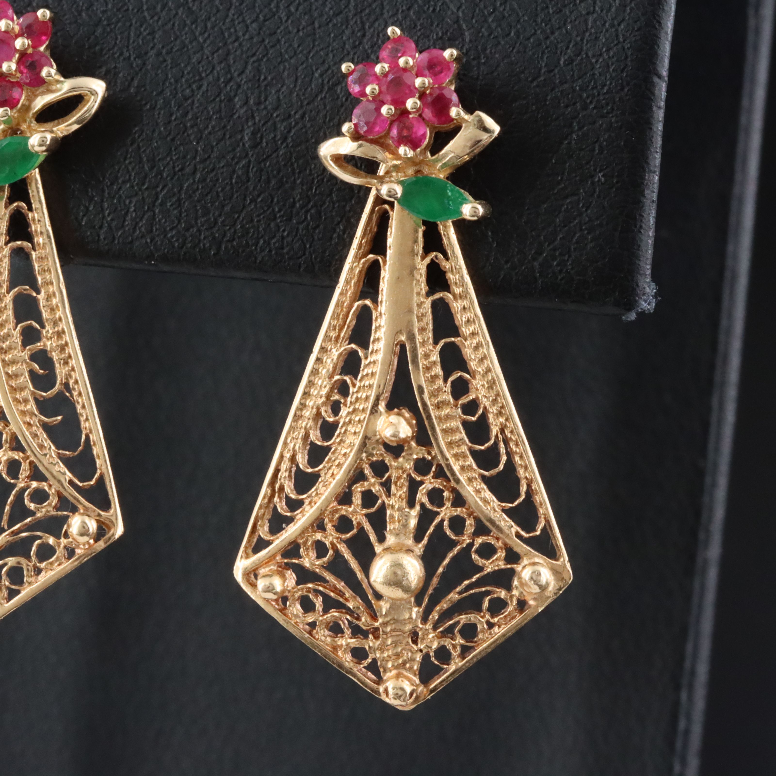 14K Ruby and Emerald Floral Stud Earrings and Filigree Drop Enhancers