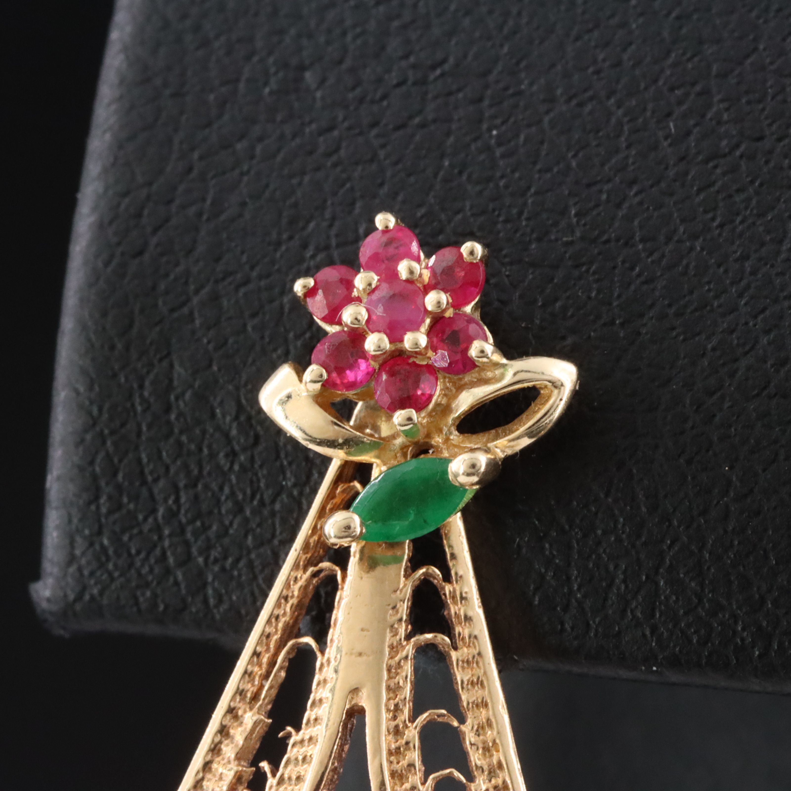 14K Ruby and Emerald Floral Stud Earrings and Filigree Drop Enhancers
