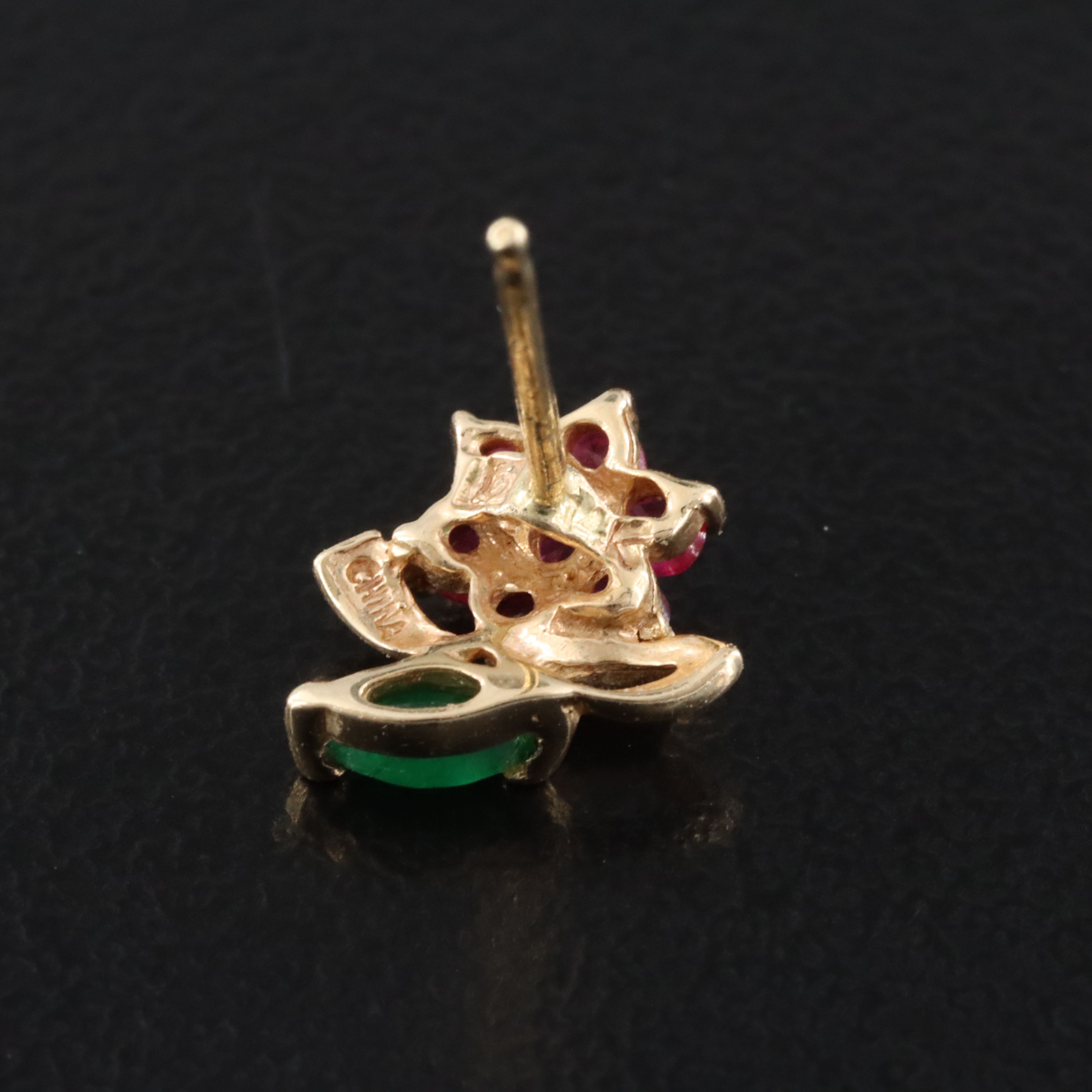 14K Ruby and Emerald Floral Stud Earrings and Filigree Drop Enhancers