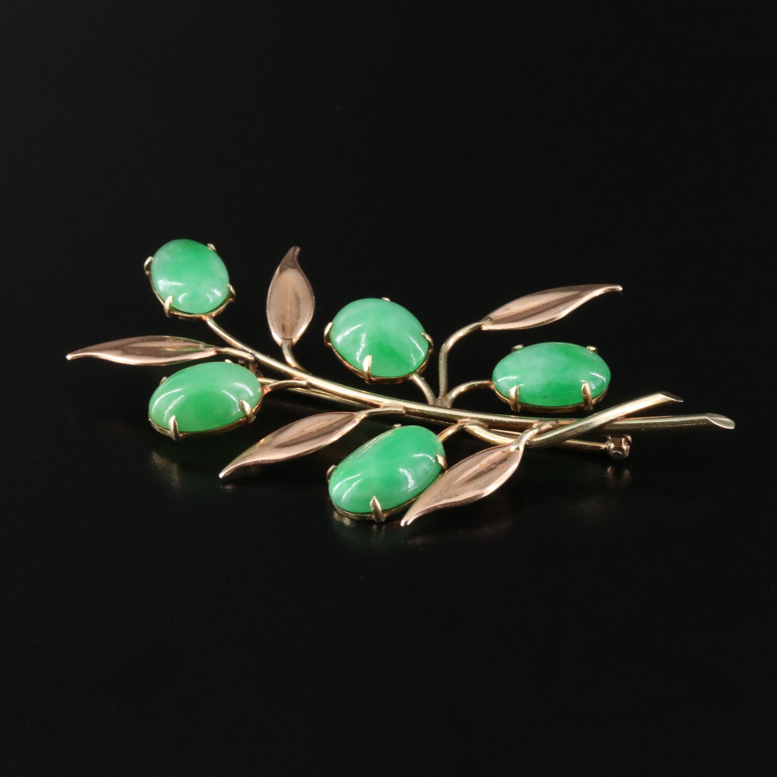 Vintage 14K Two-Tone Jadeite Olive Branch Brooch