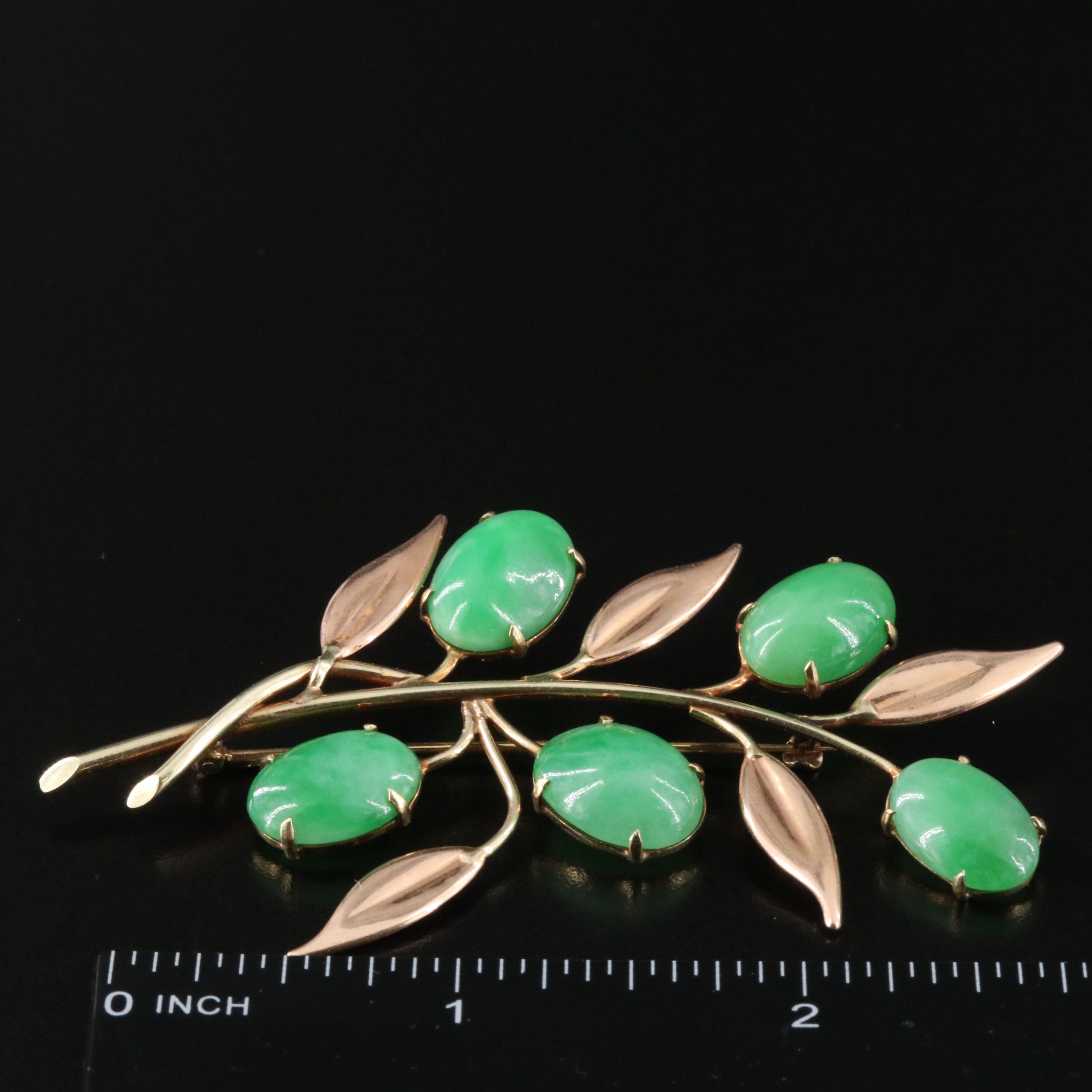 Vintage 14K Two-Tone Jadeite Olive Branch Brooch