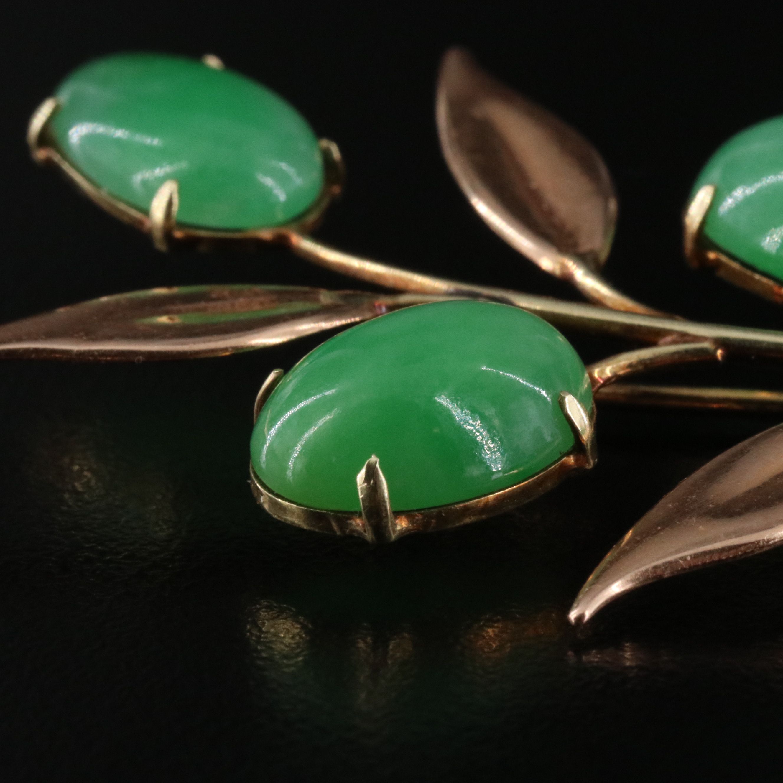 Vintage 14K Two-Tone Jadeite Olive Branch Brooch