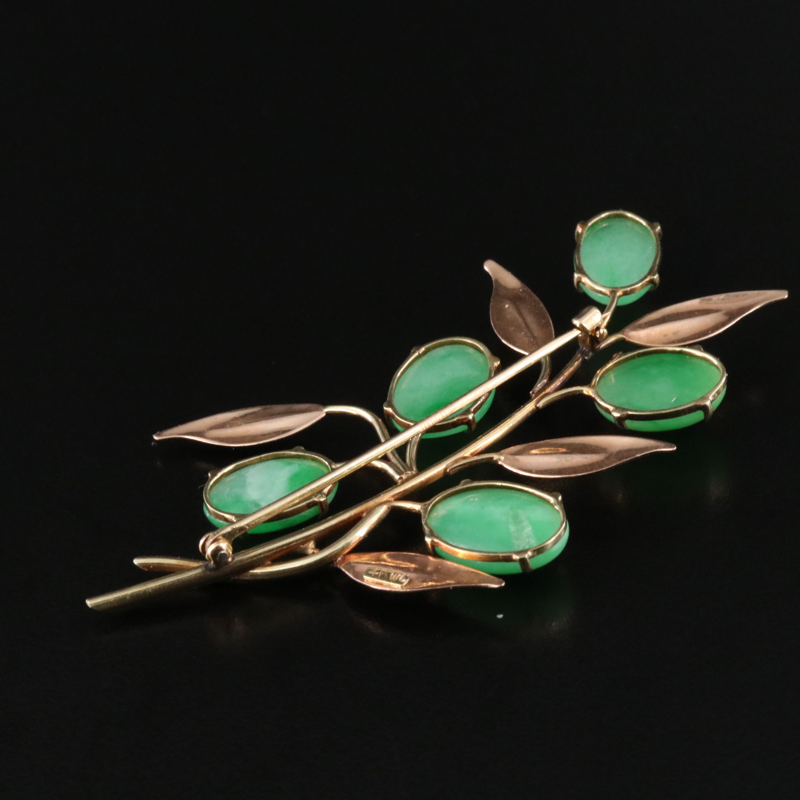 Vintage 14K Two-Tone Jadeite Olive Branch Brooch