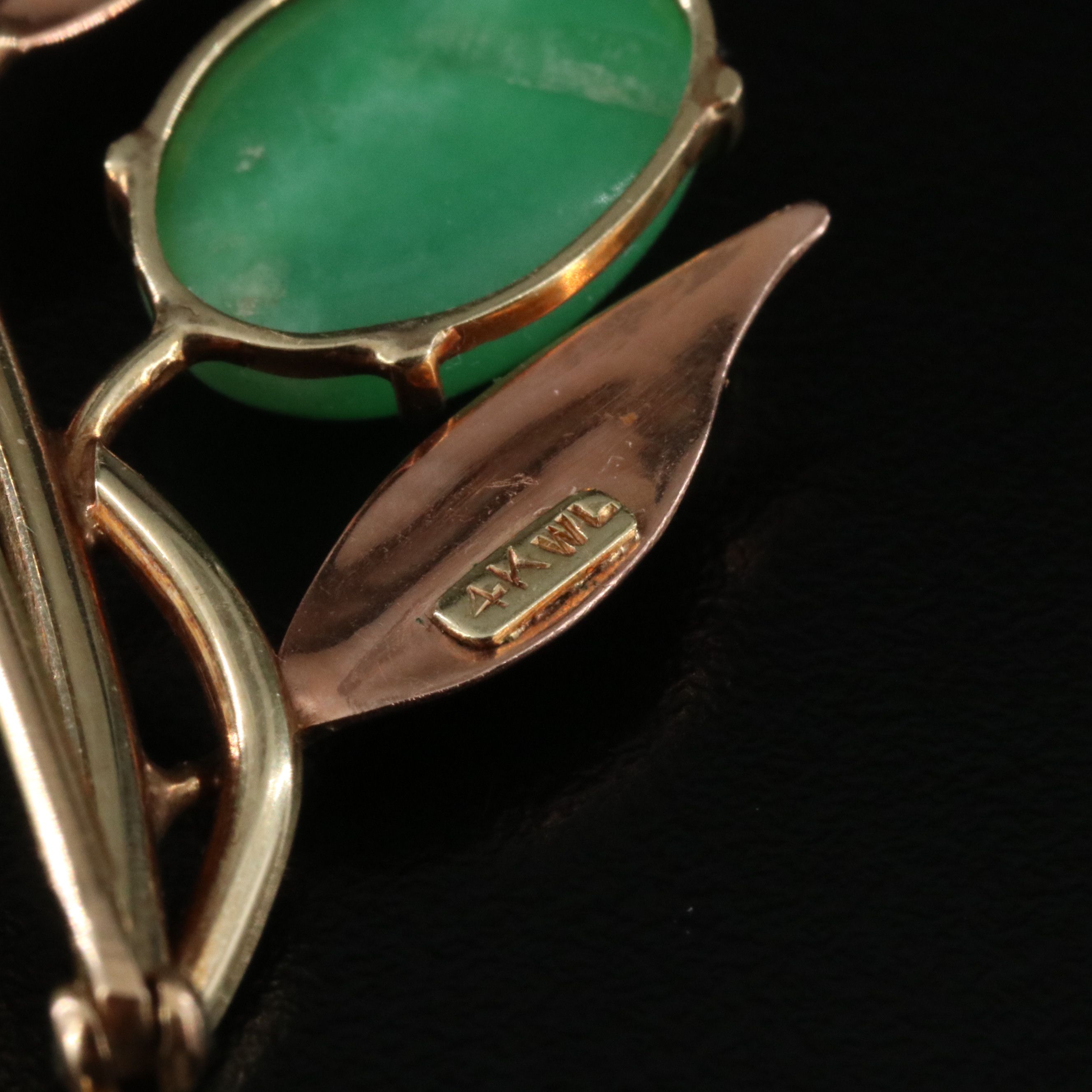 Vintage 14K Two-Tone Jadeite Olive Branch Brooch
