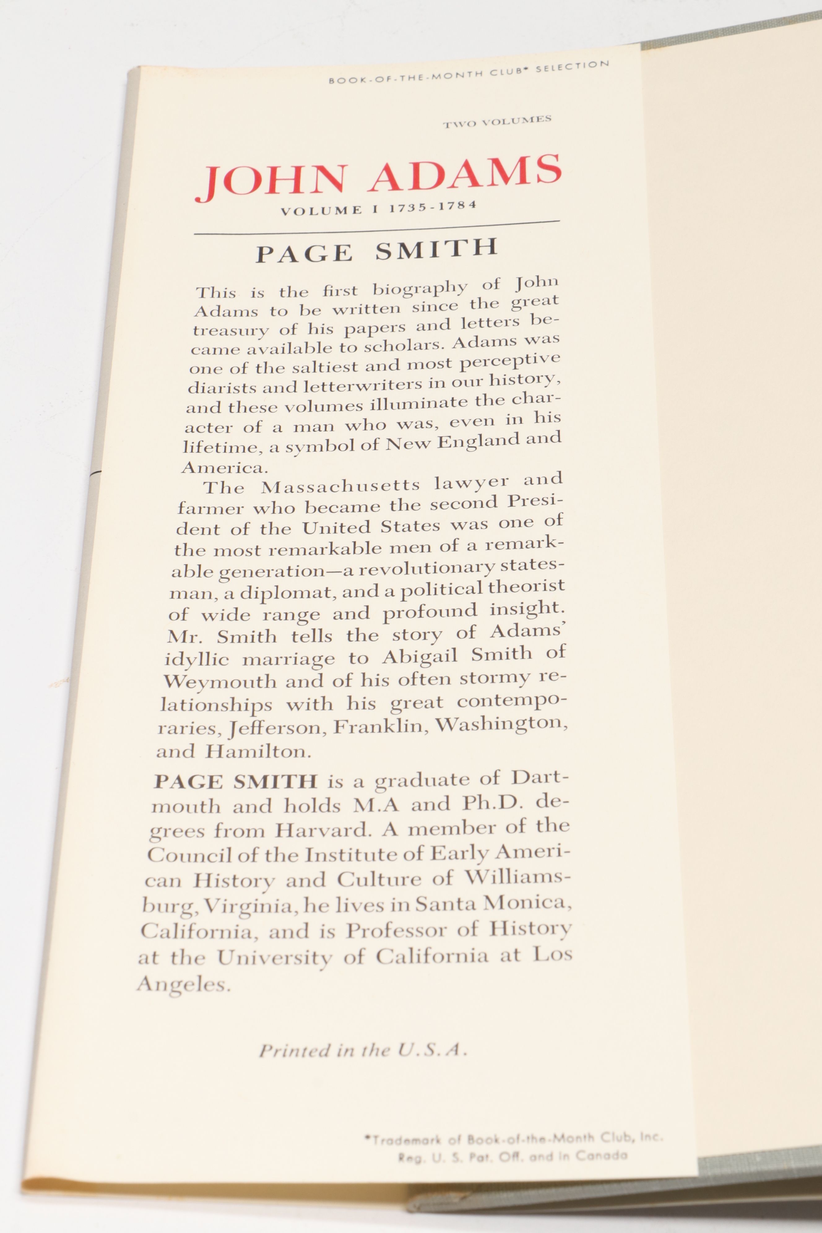 "John Adams" by Page Smith Two-Volume Set, 1962