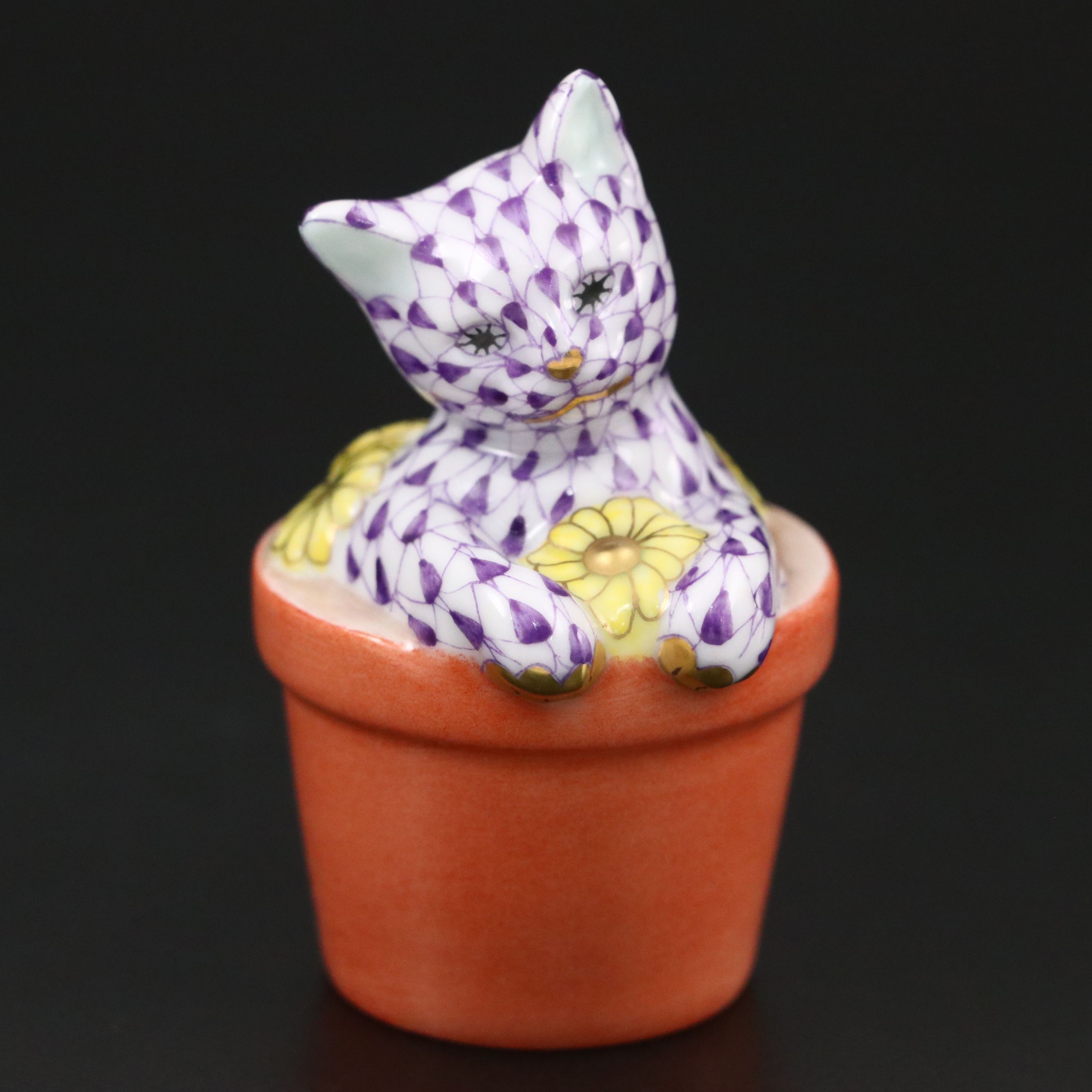 Herend Lilac Fishnet with Gold "Flower Pot Kitty" Porcelain Figurine