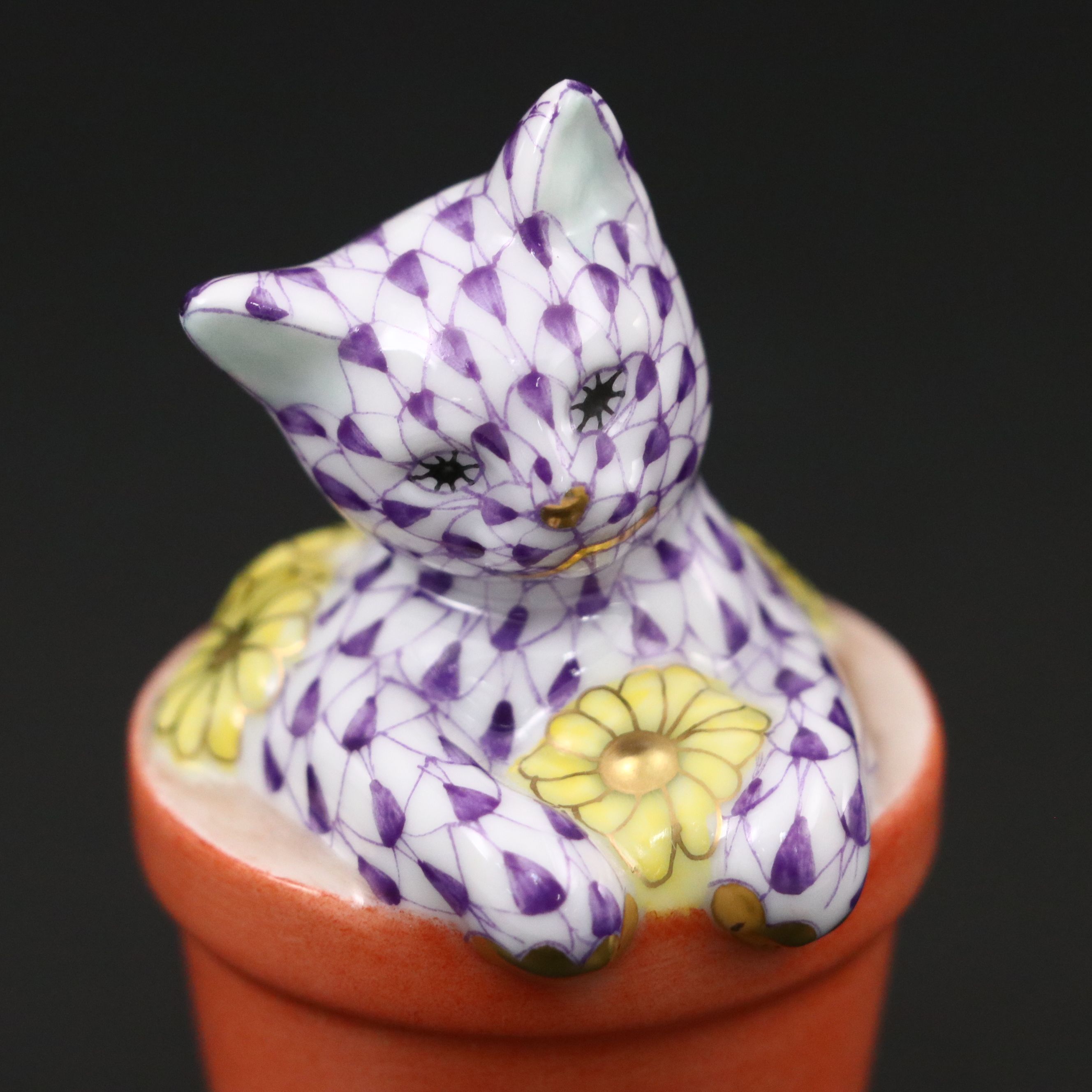 Herend Lilac Fishnet with Gold "Flower Pot Kitty" Porcelain Figurine